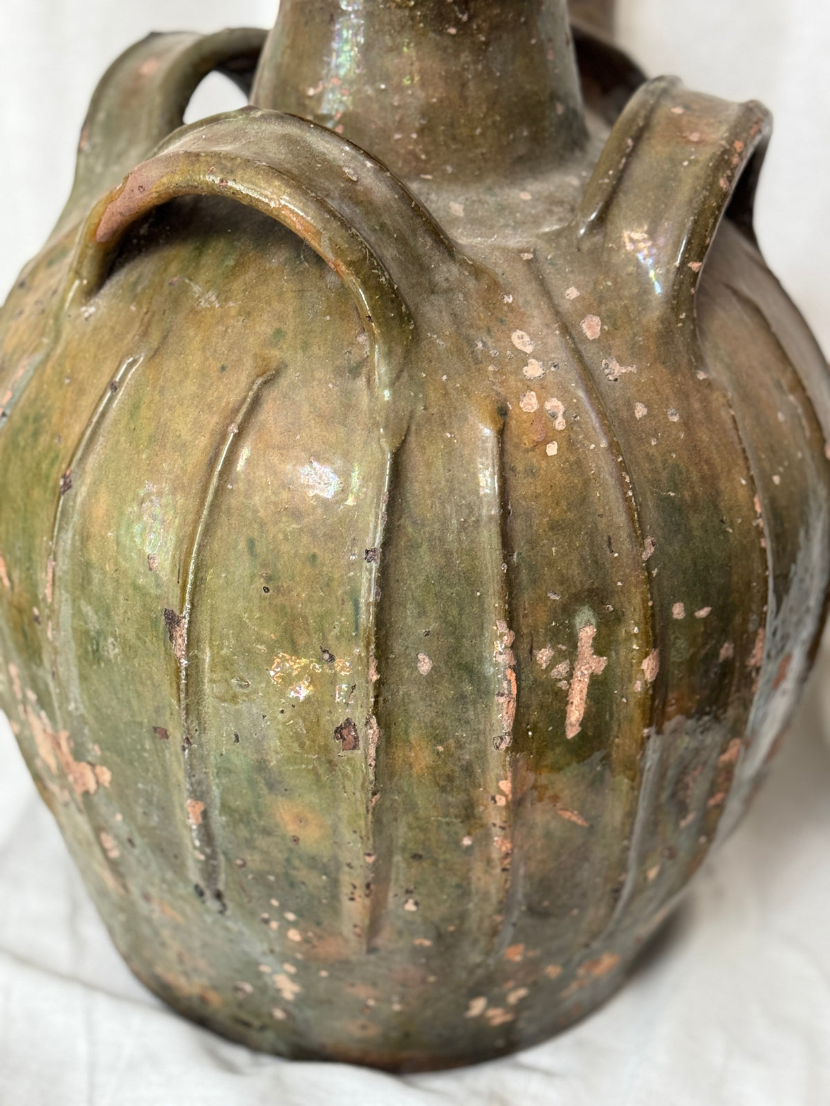 Antique French Walnut Oil Jug, Mélard à Bec, Green Glaze