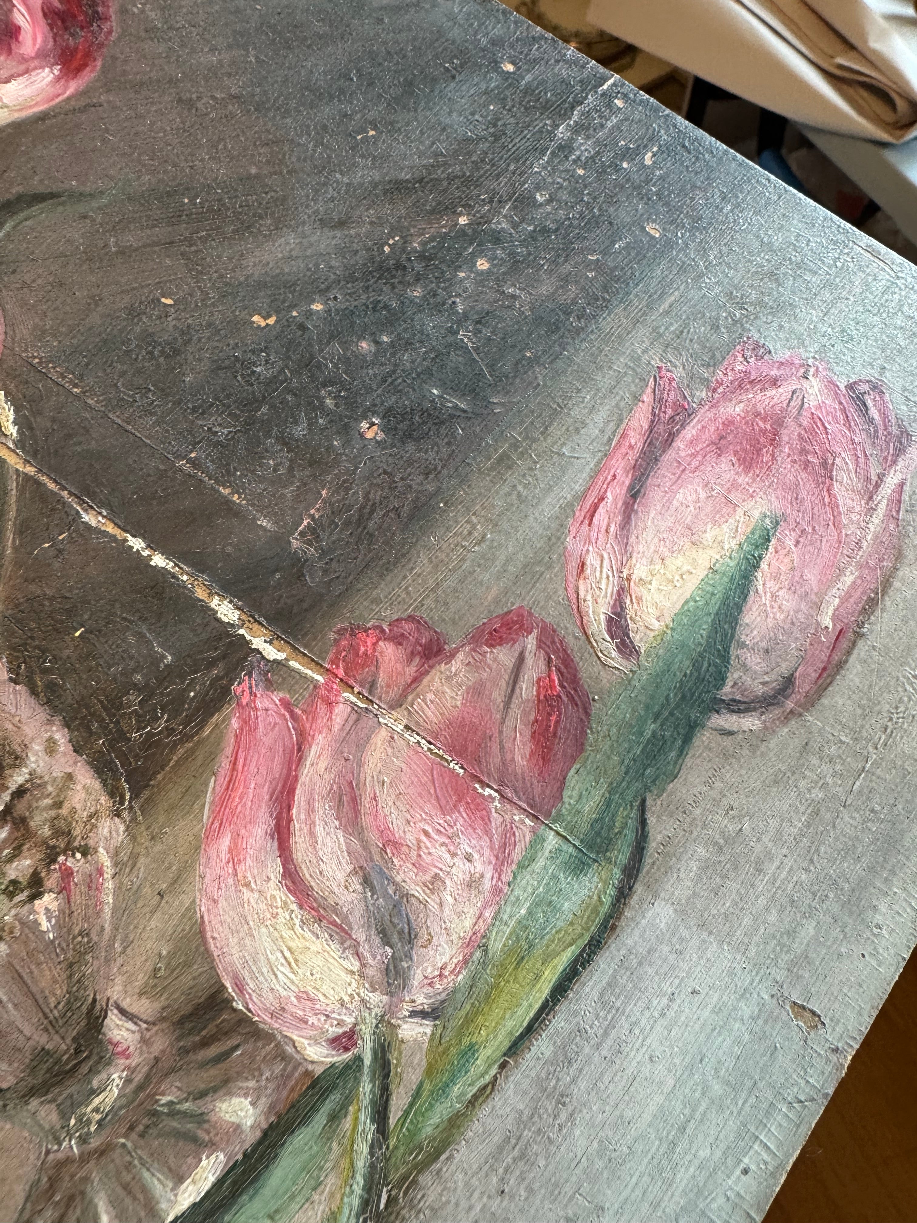 French Tulip Still Life Painting, signed