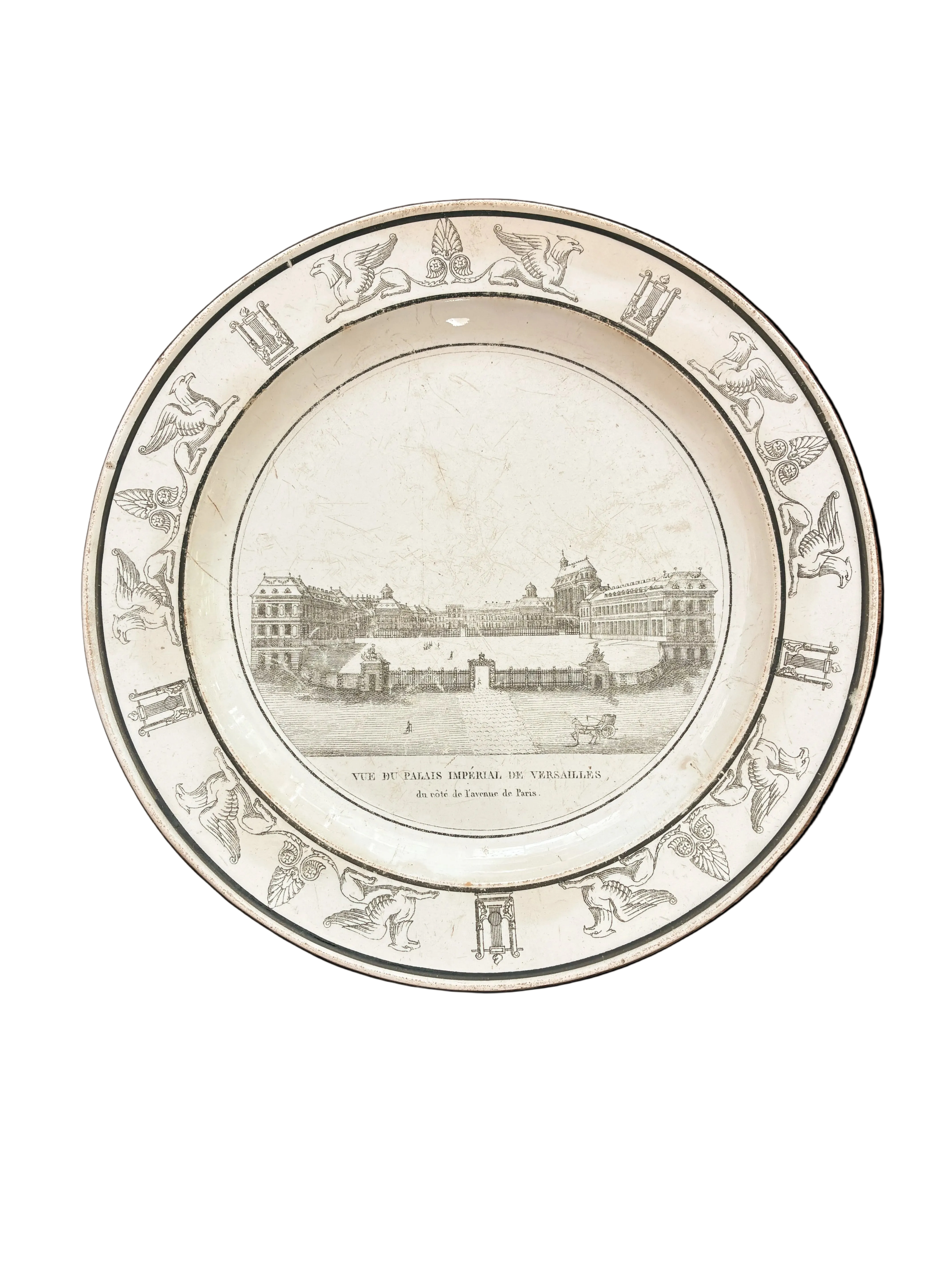 Antique French Faience Plate, Vue du Palais Impérial de Versailles, Manufacture de Creil