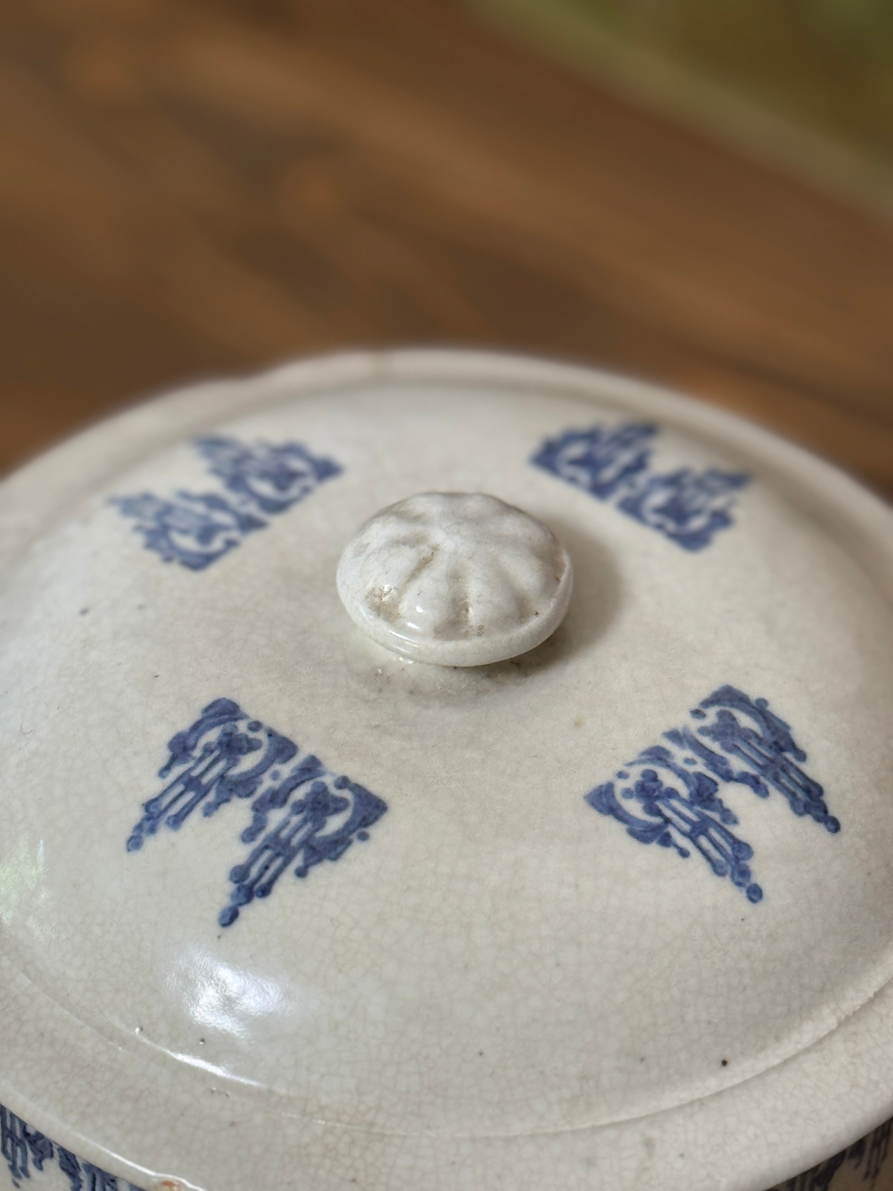 Antique French Saint-Uze Covered Dish, Blue Lambrequin