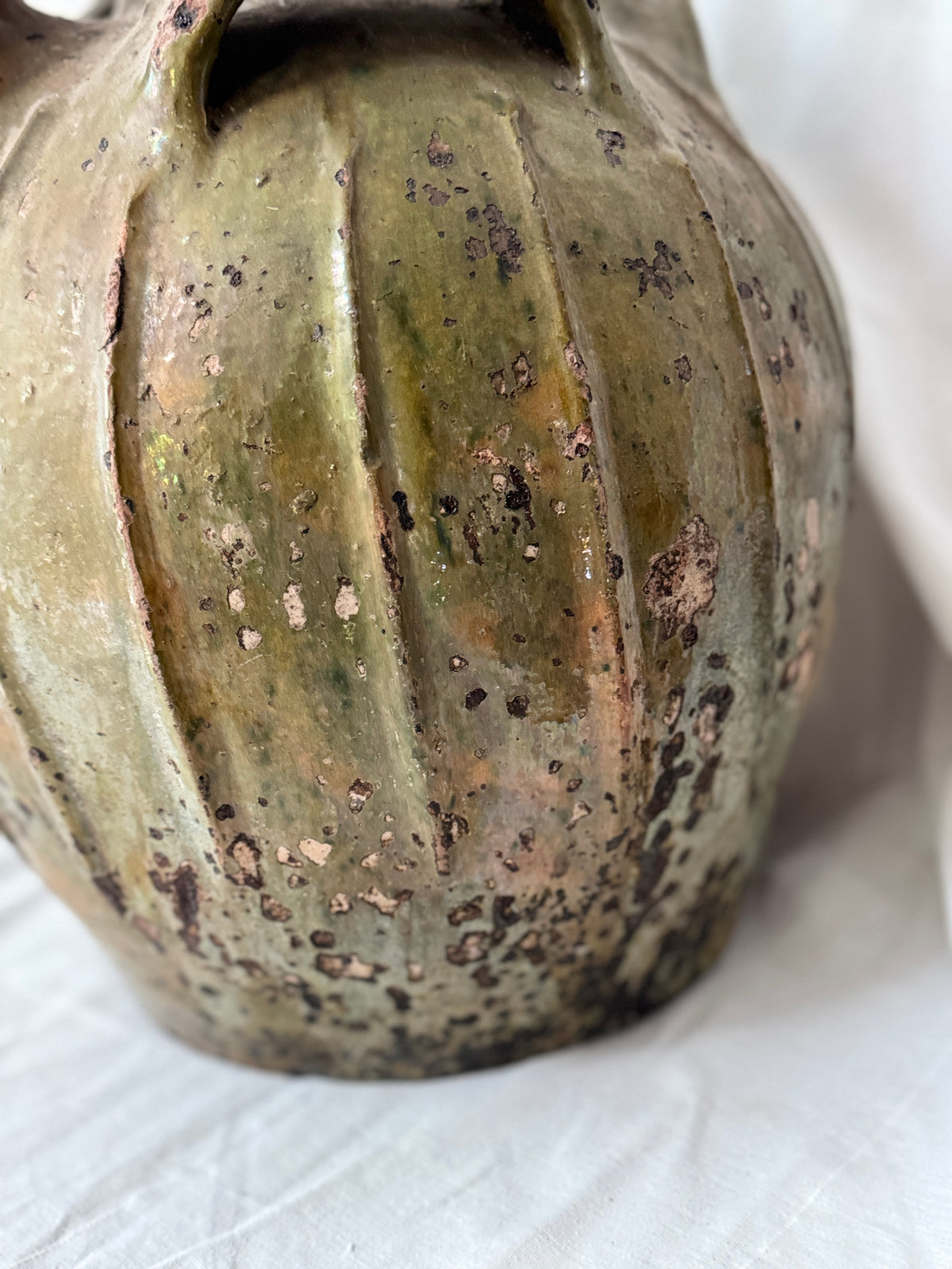 Antique French Walnut Oil Jug, Mélard à Bec, Green Glaze