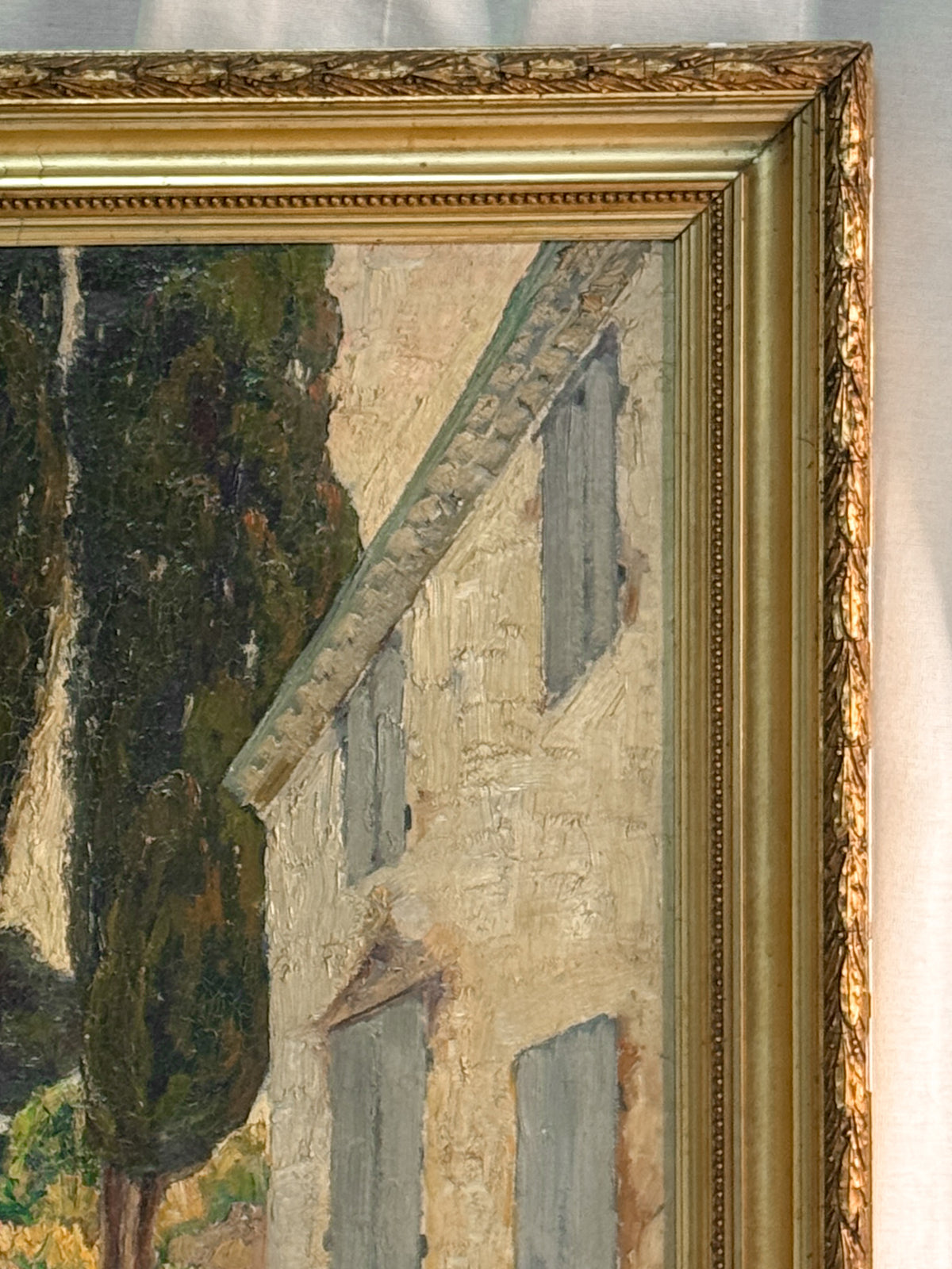 Antique French Landscape with Cypresses and a Bastide, Signed Cyrille Rougier, Framed Oil on Board