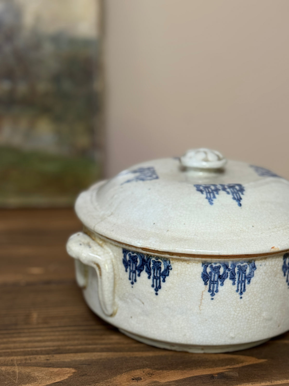 Antique French Saint-Uze Covered Dish, Blue Lambrequin