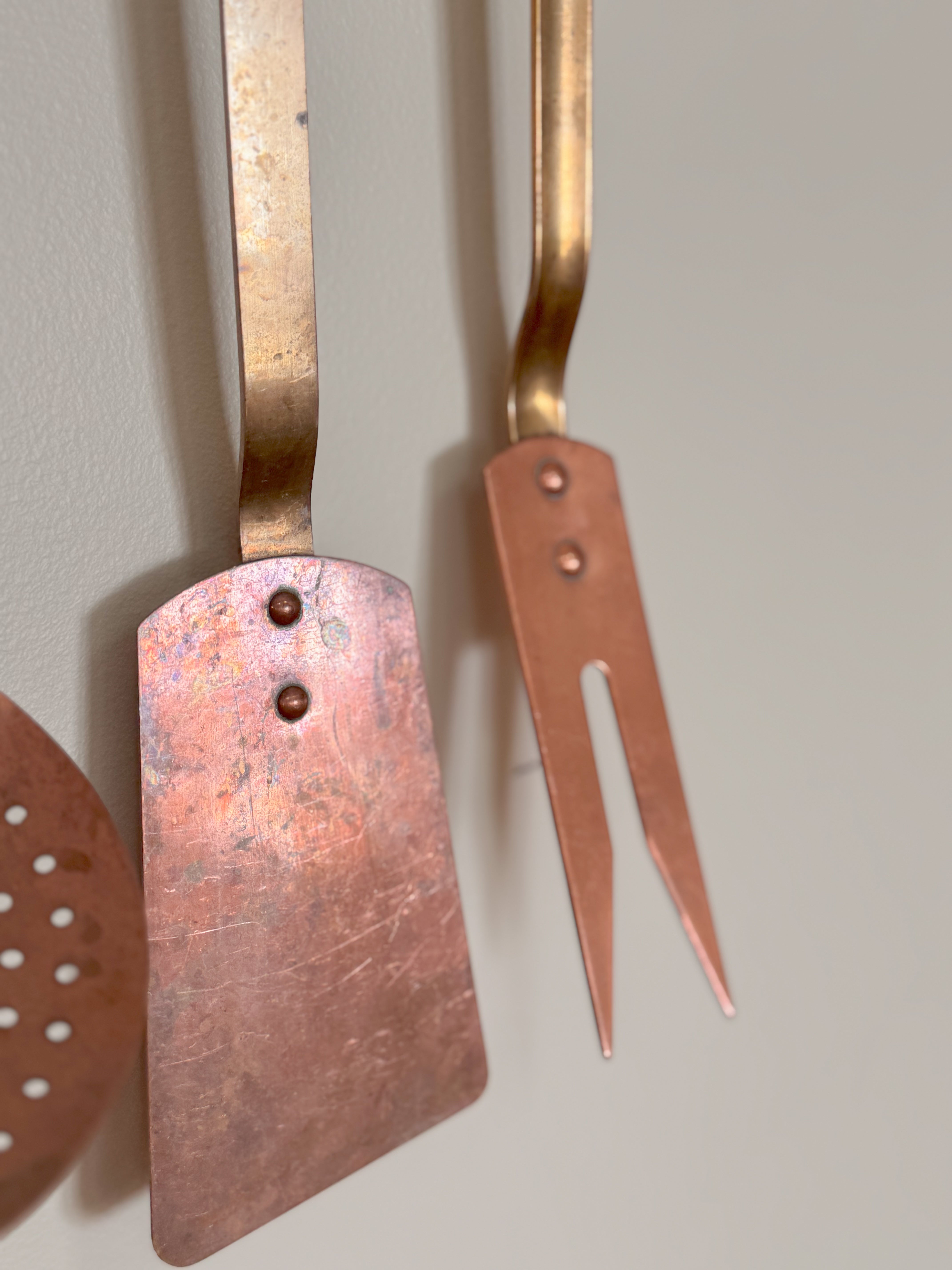 Antique French Brass & Copper Kitchen Utensil Set on Hanging Rack