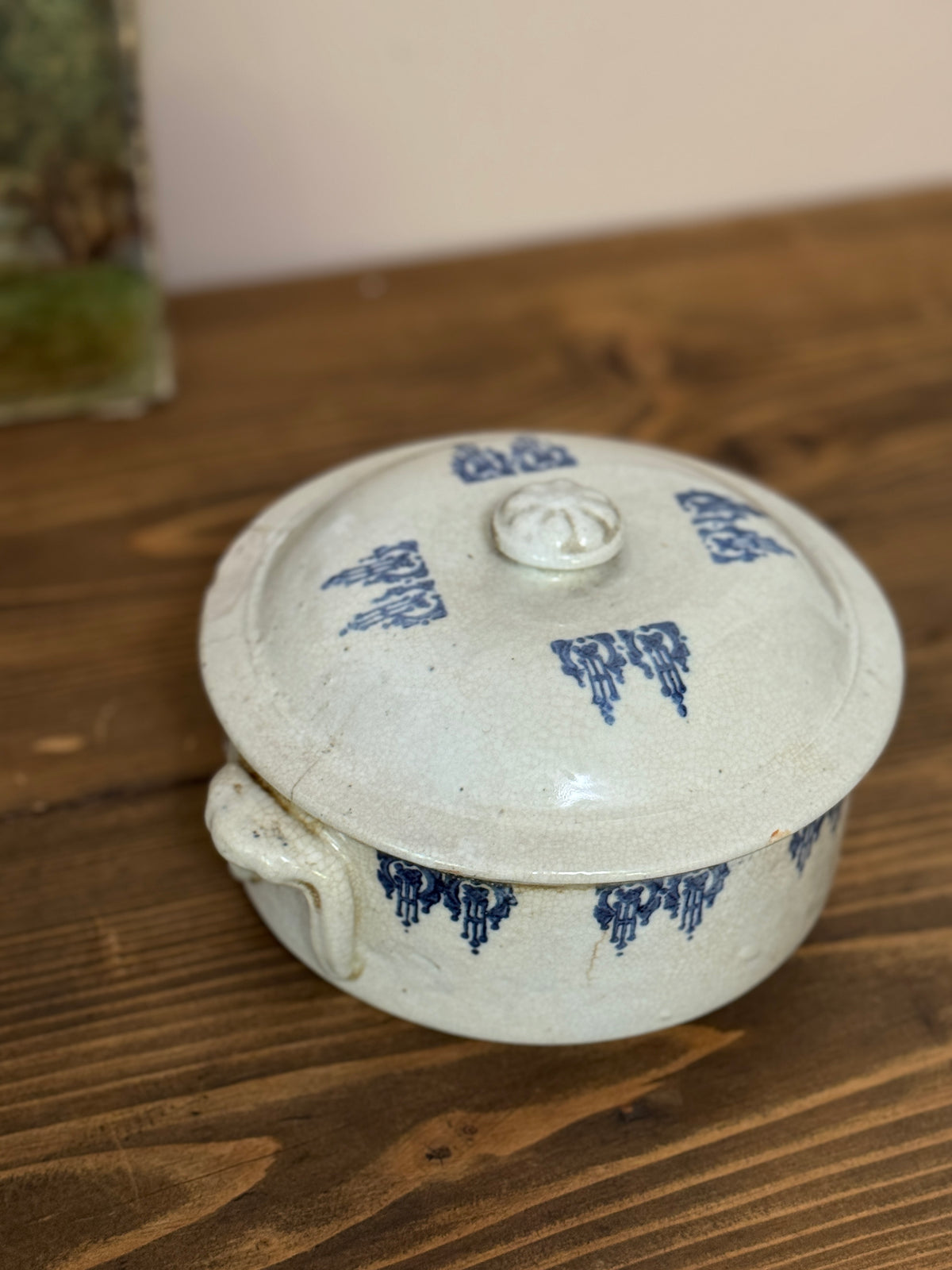 Antique French Saint-Uze Covered Dish, Blue Lambrequin