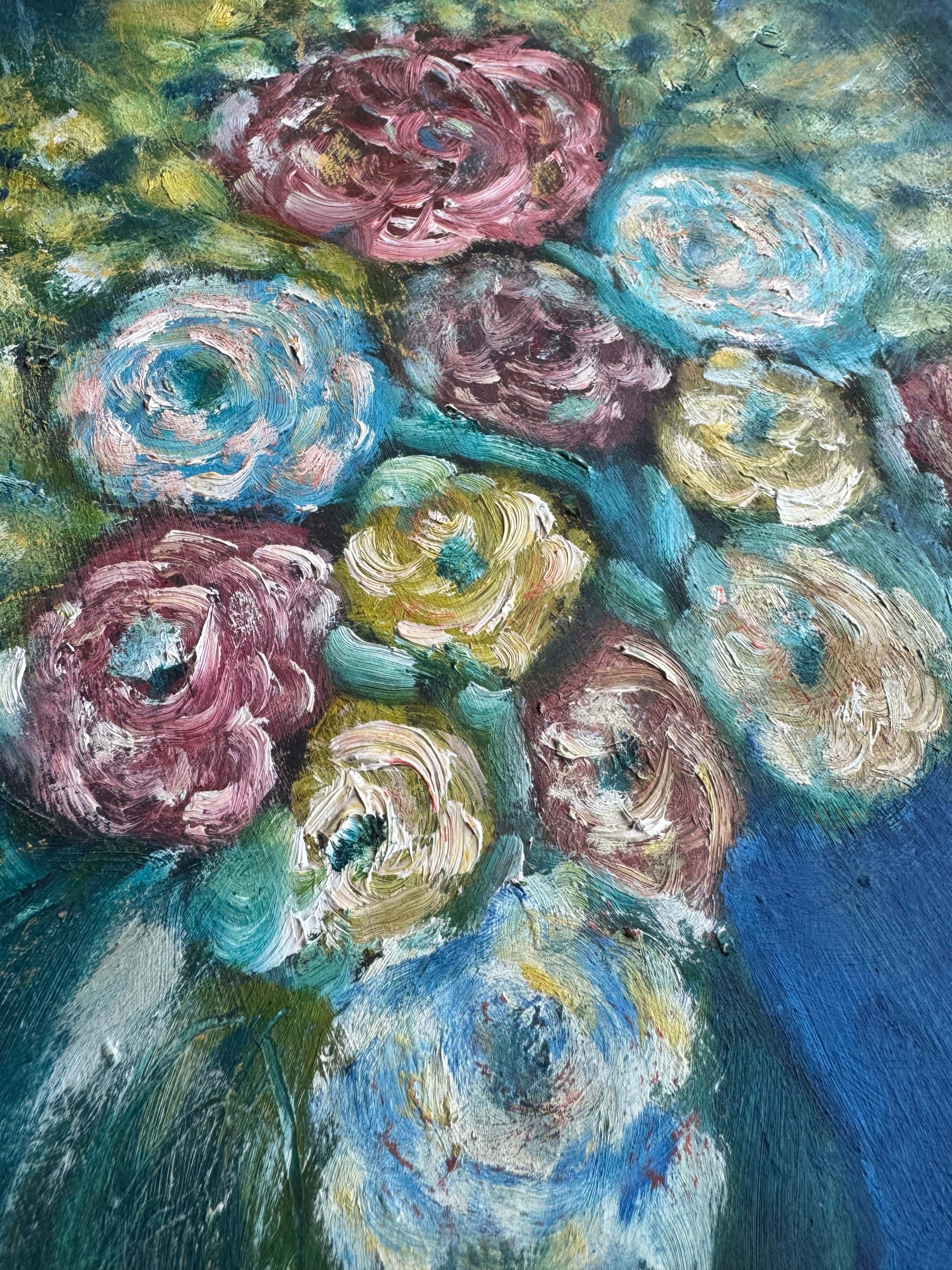 Oil Painting of Flowers in a Blue Vase