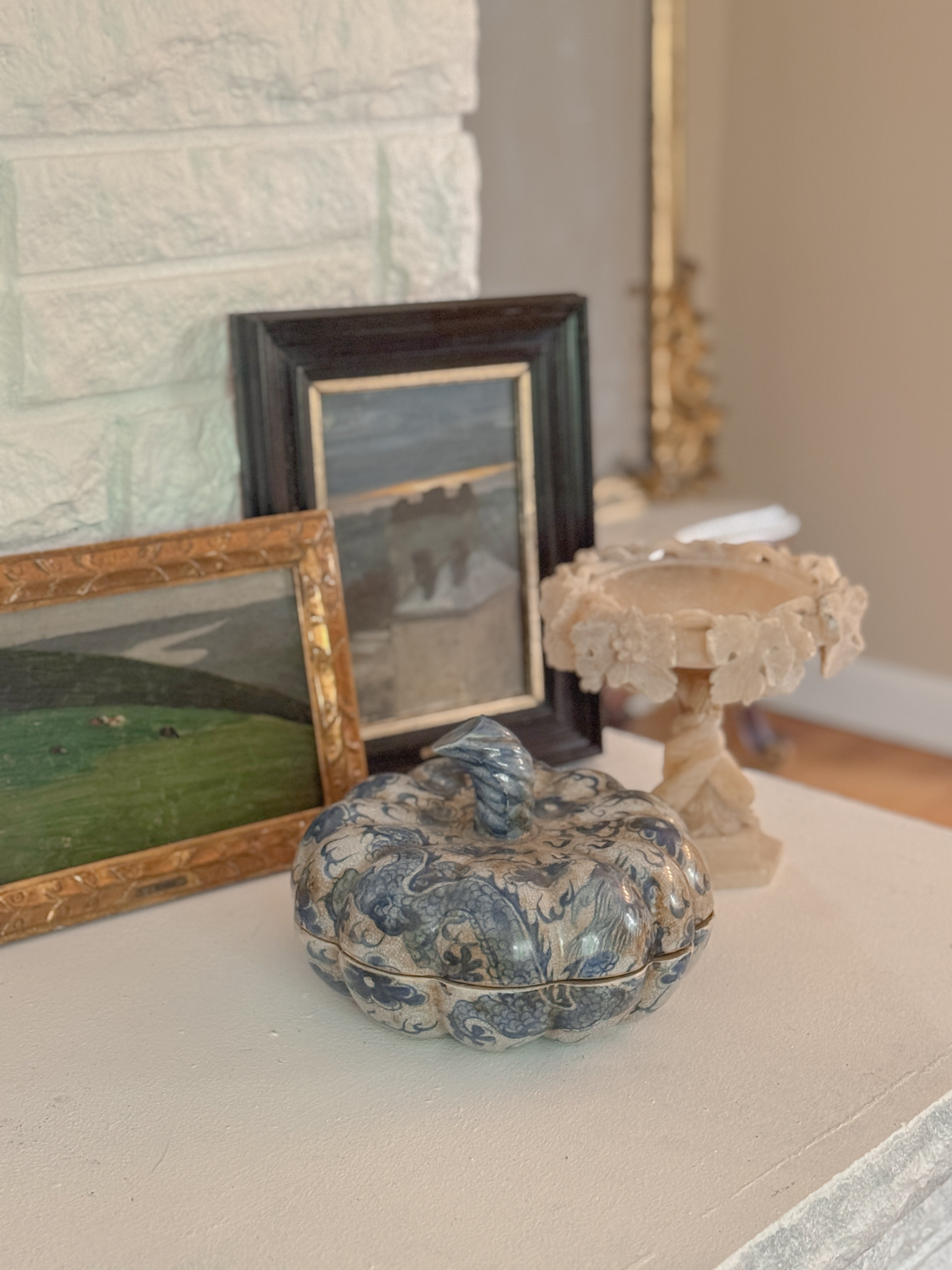 Antique French Faïence Pumpkin Pot Couvert, Bleu de Chine,18th c.