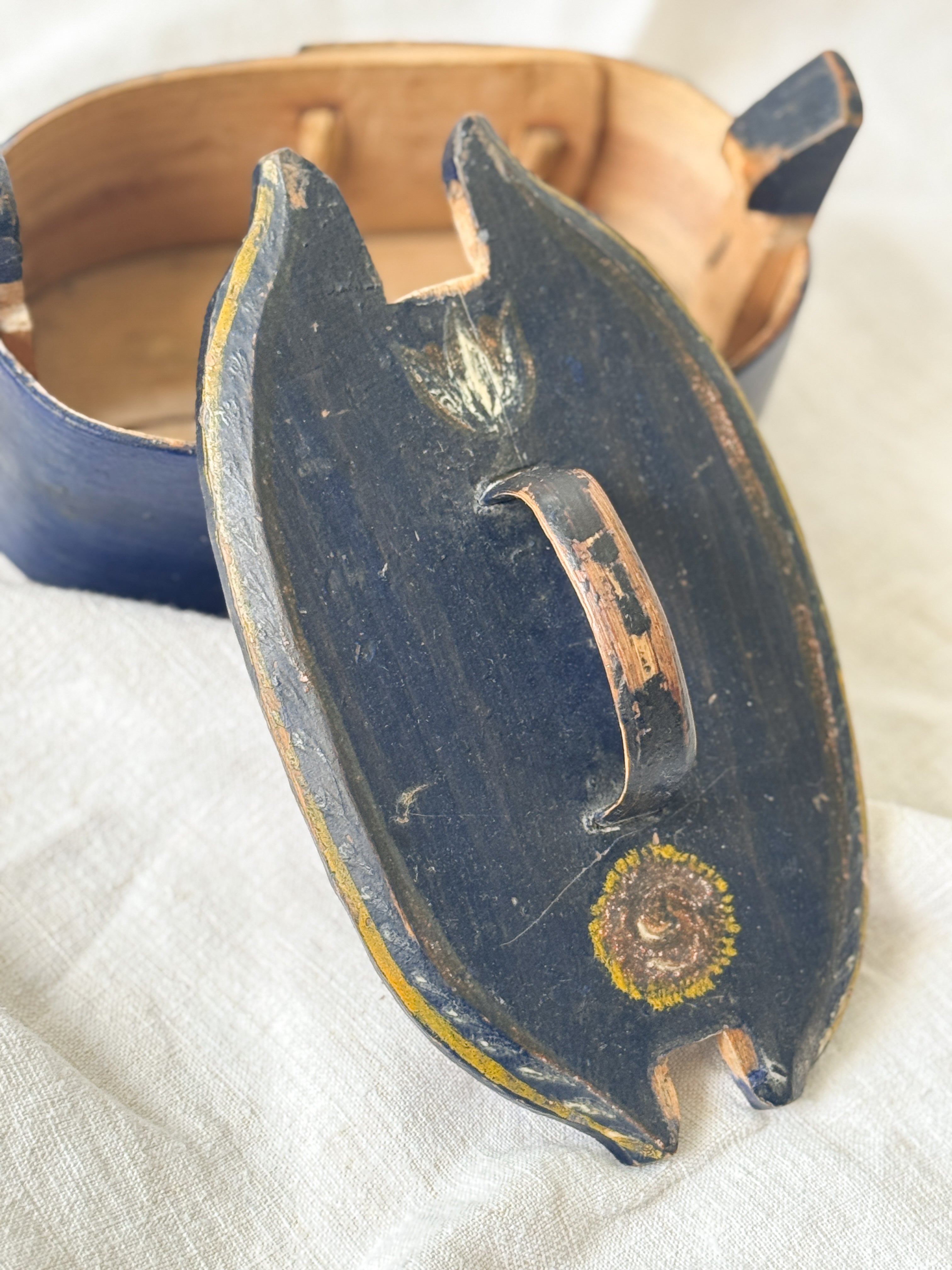 Antique Norwegian Tine (Bentwood Box), Blue Painted with Rosemaling, Dated 1902