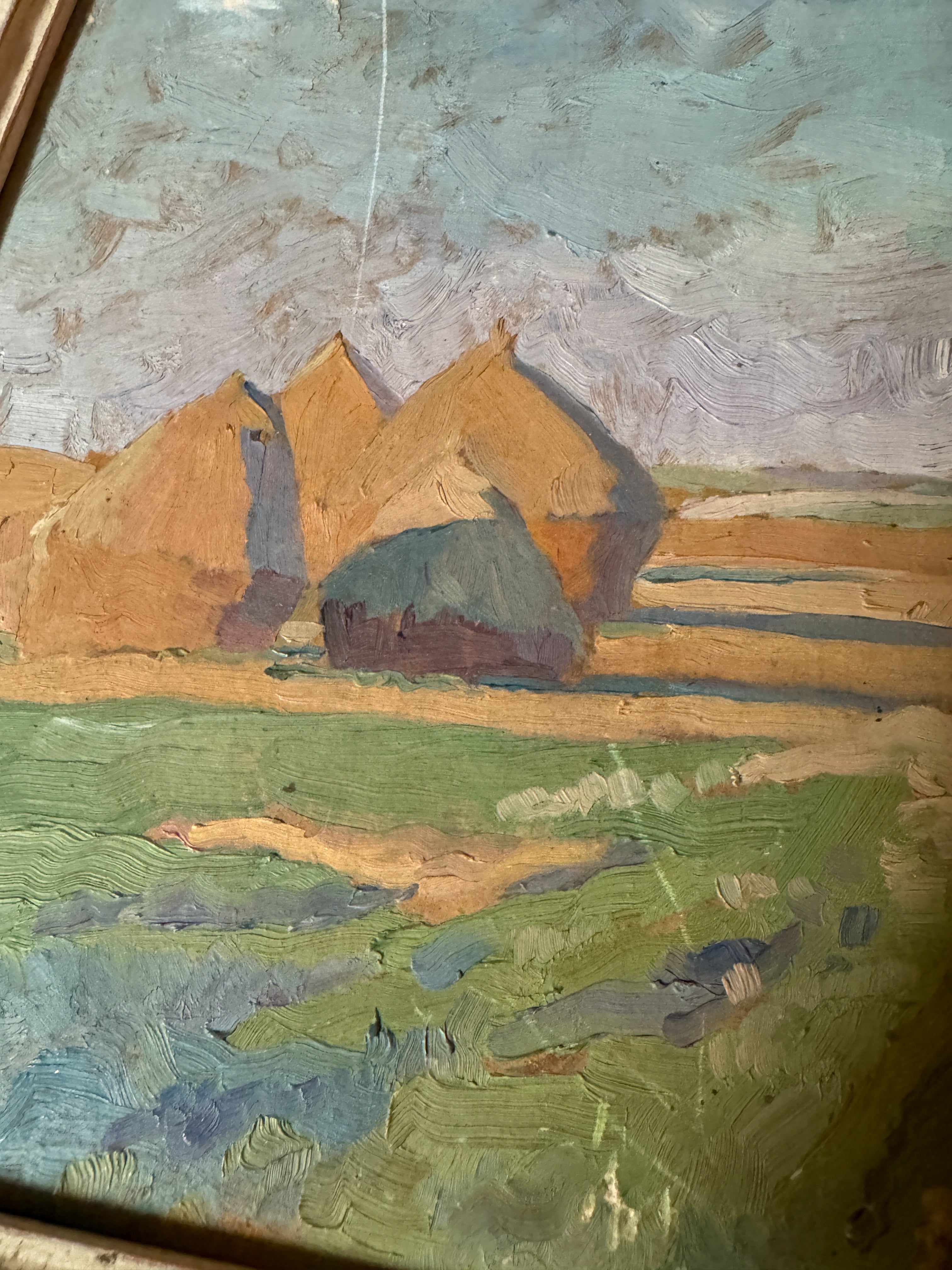 Antique French Oil on Board, Haystacks in a Field