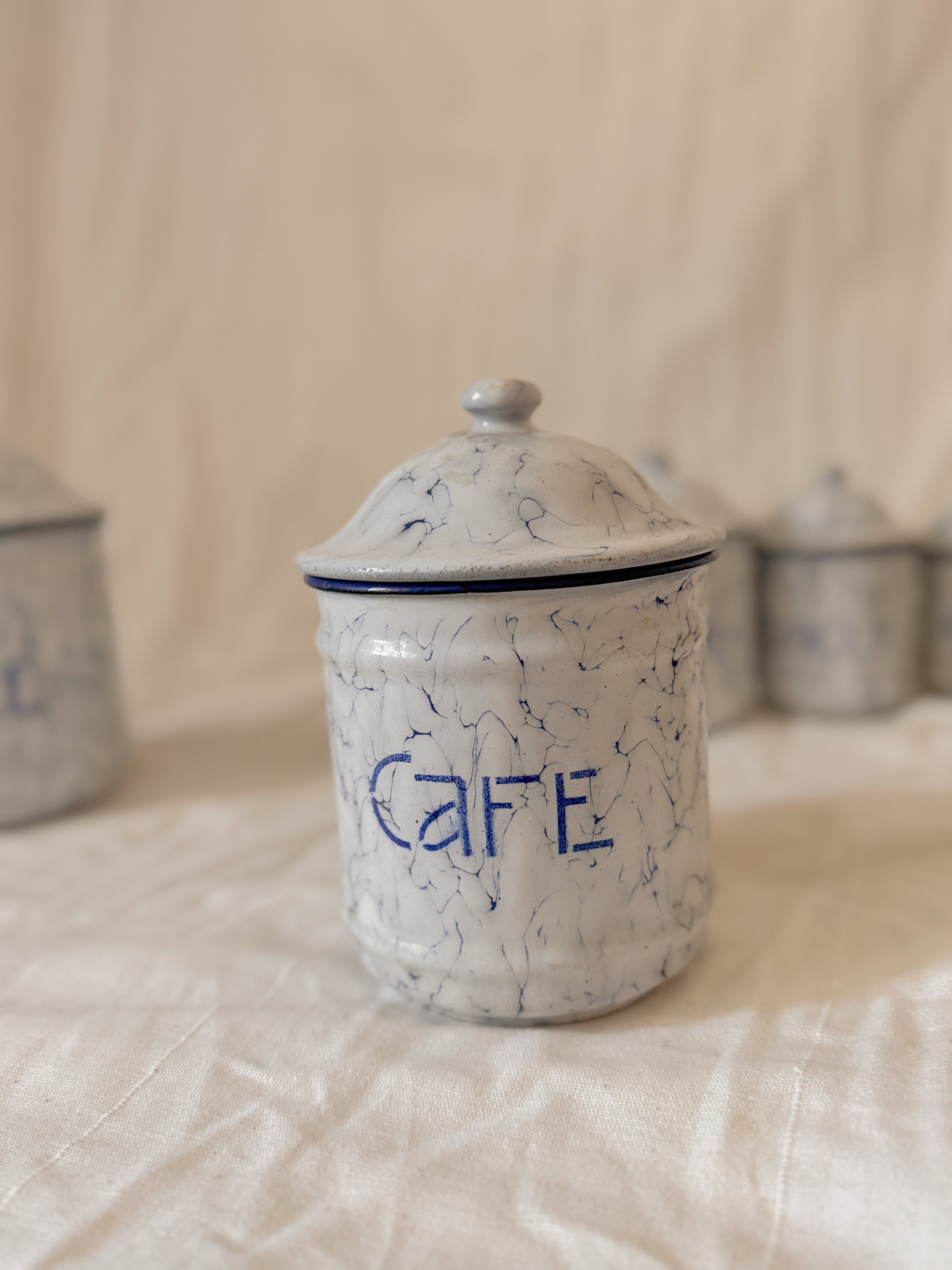 Set of French Blue & White Marbled Enamel Canisters