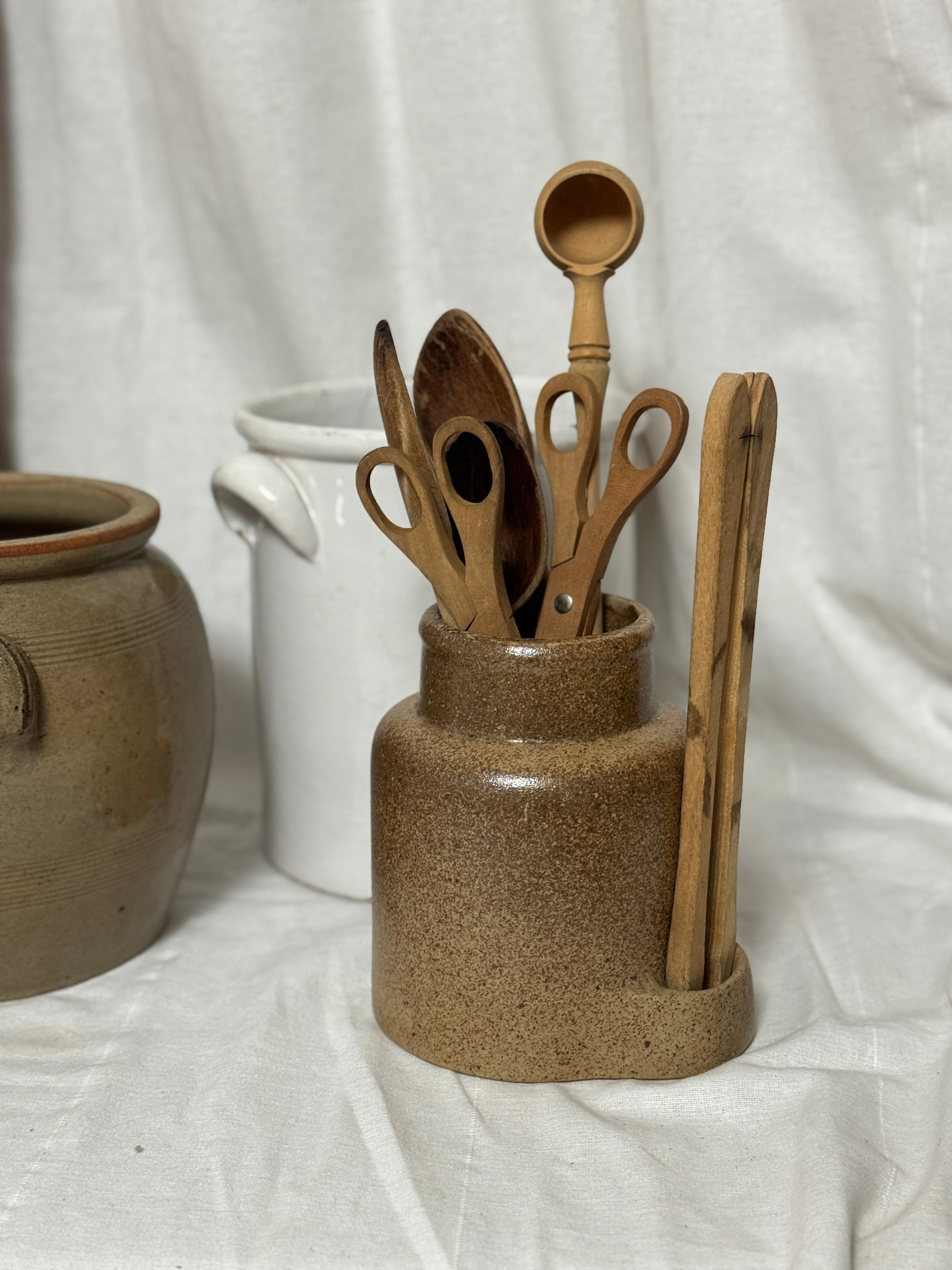 Vintage French Speckled Stoneware Mustard Pot with Integral Utensil Slot and Original Cork