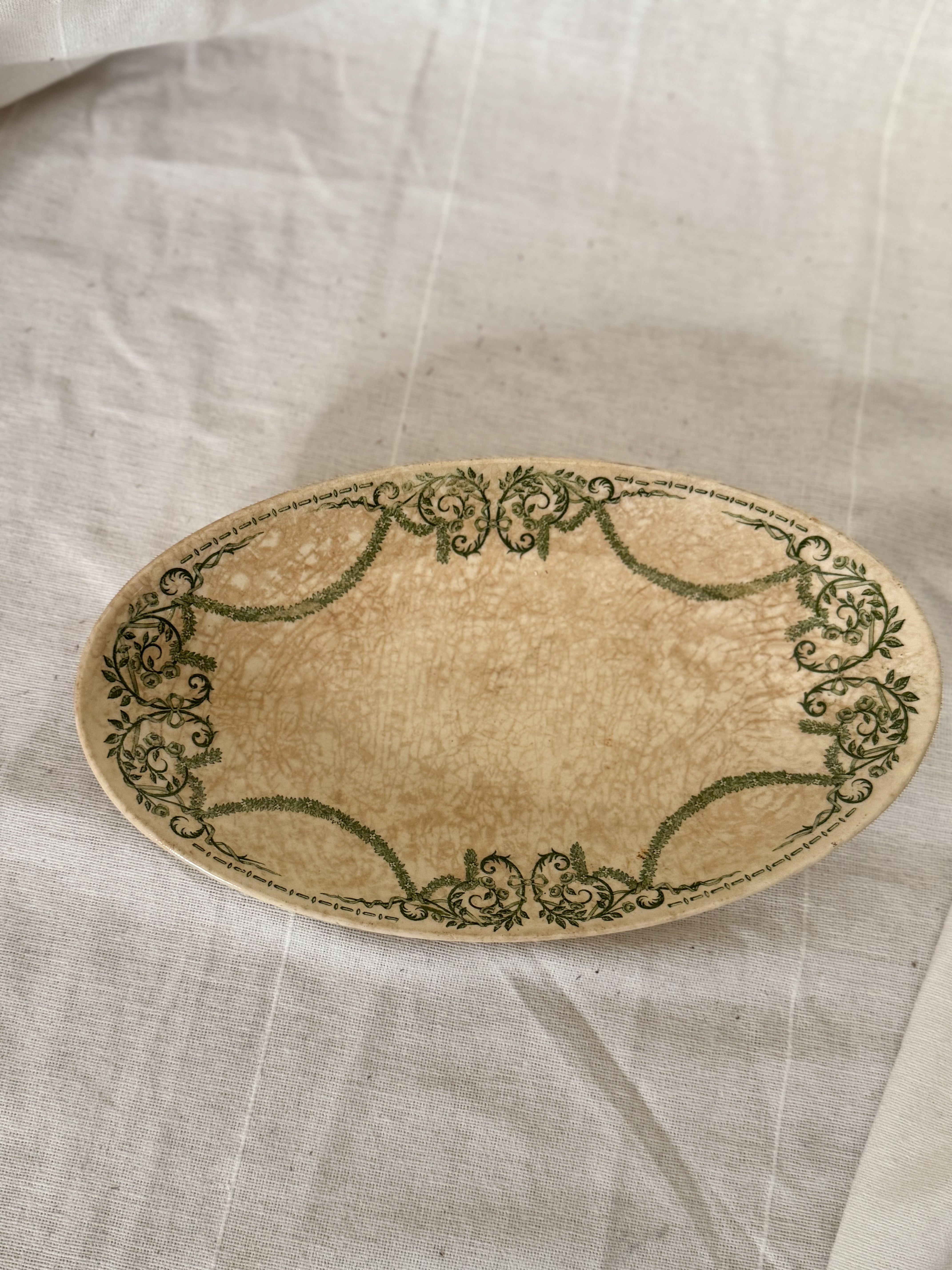 19th-century green transferware oval plate