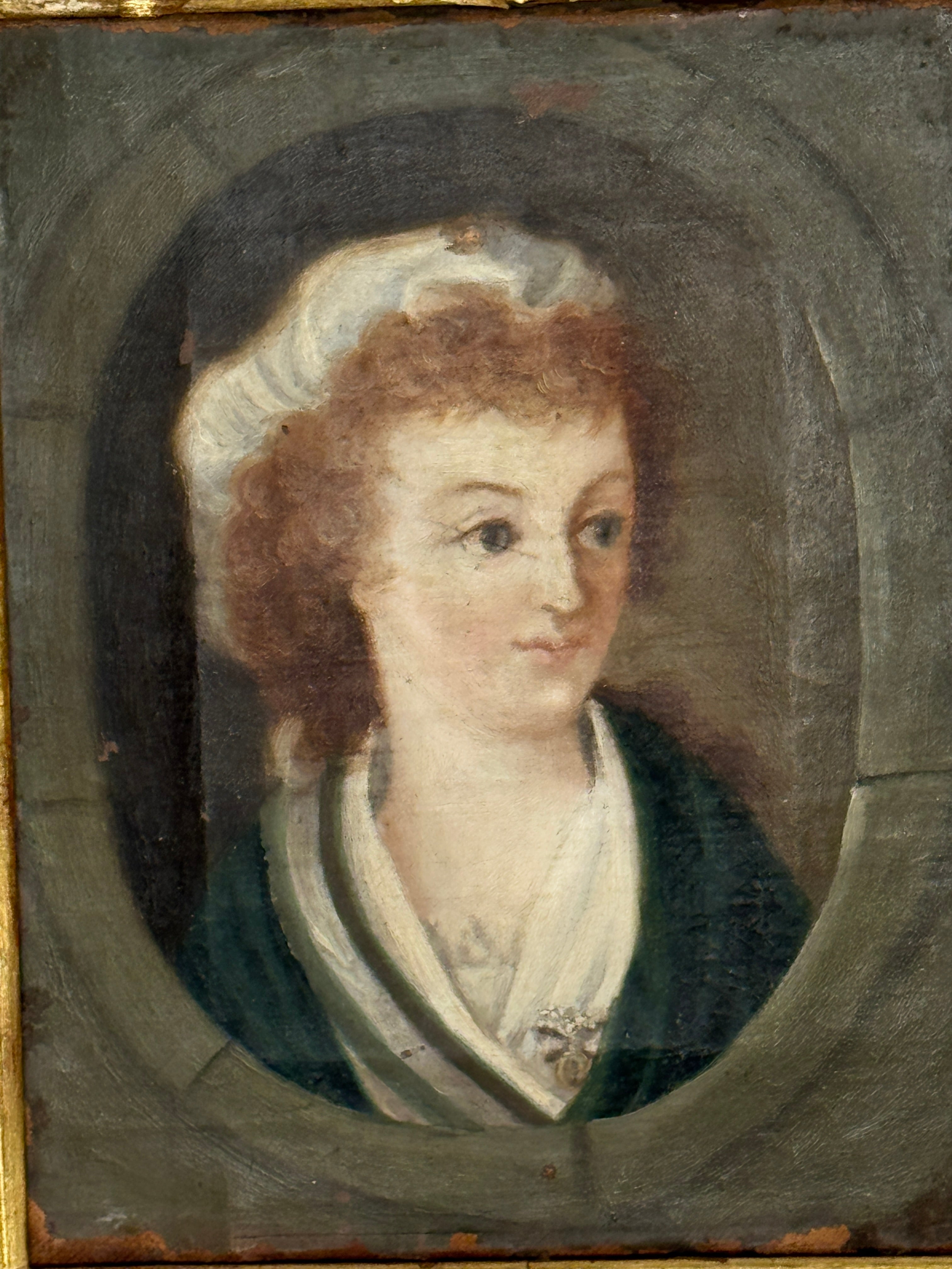 Antique French Portrait of a Young Woman in Bonnet, oil, late 18th / early 19th c.