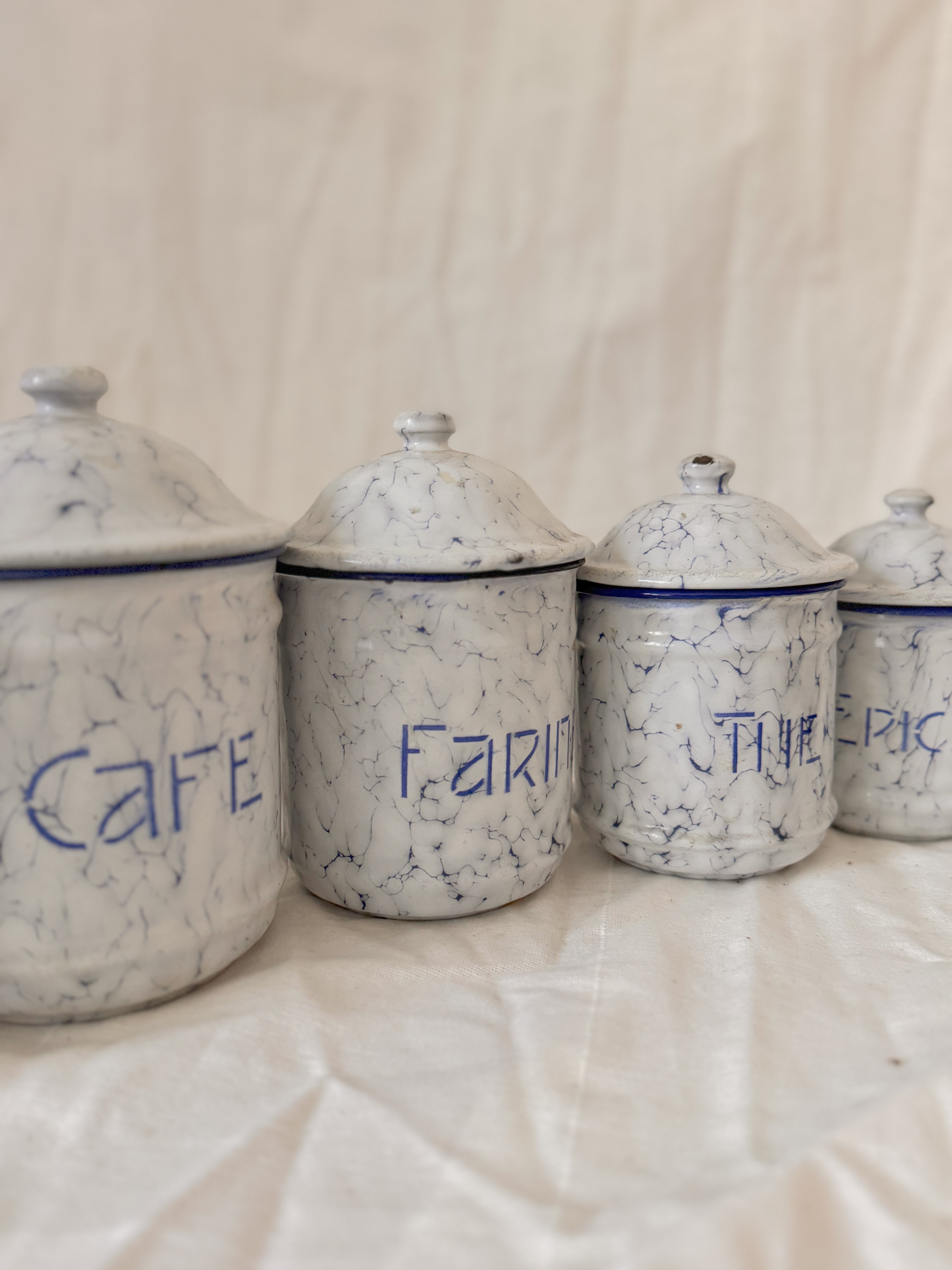 Set of French Blue & White Marbled Enamel Canisters
