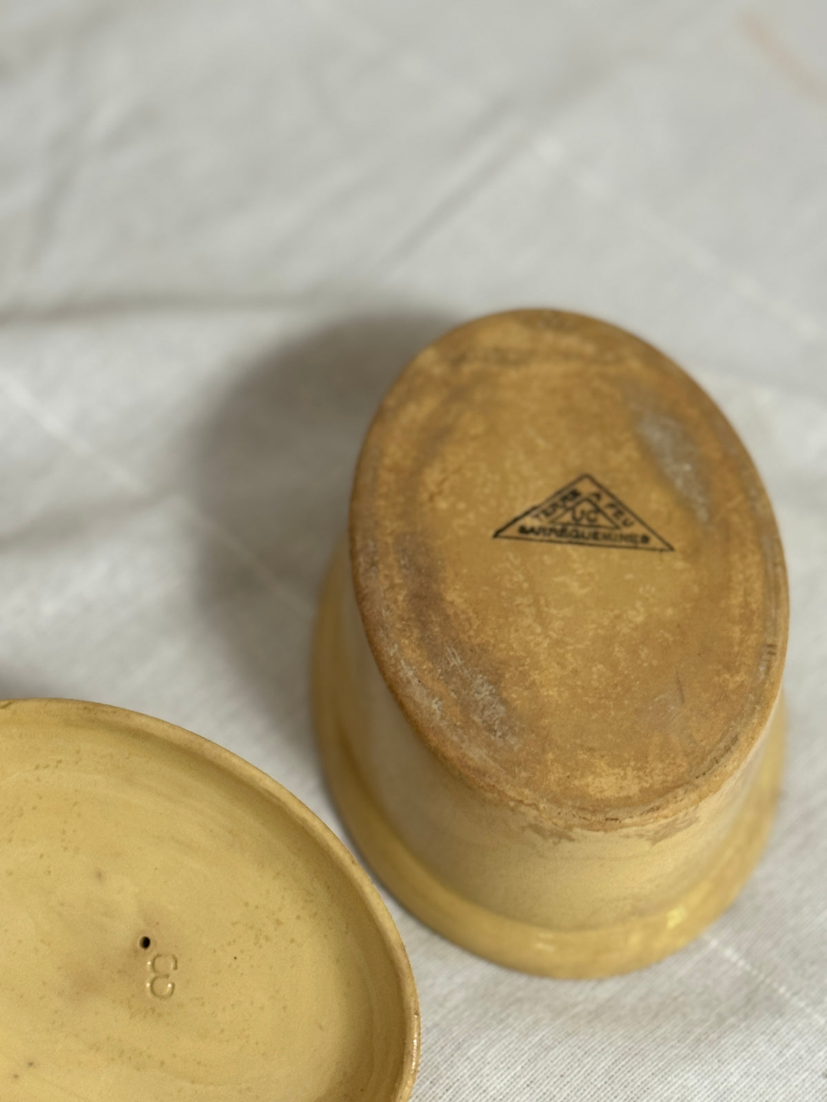 Antique French Sarreguemines Yellow Glazed Oval Terrine with Lid, Terre à Feu, Late 19th or Early 20th Century