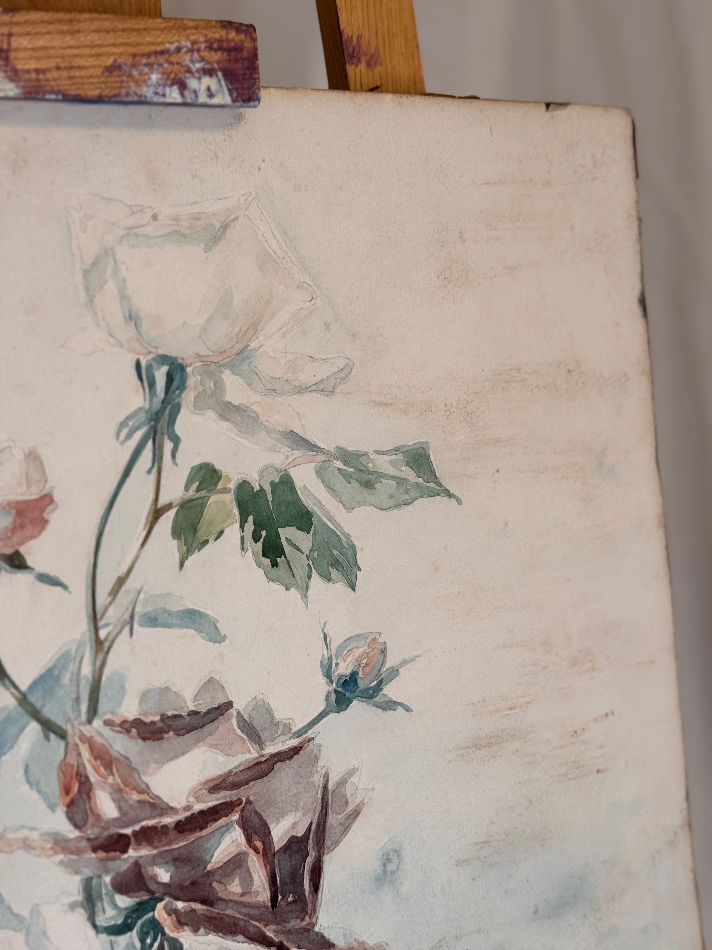 Aquarelle de Roses – Antique and Signed (c. 1890–1920)