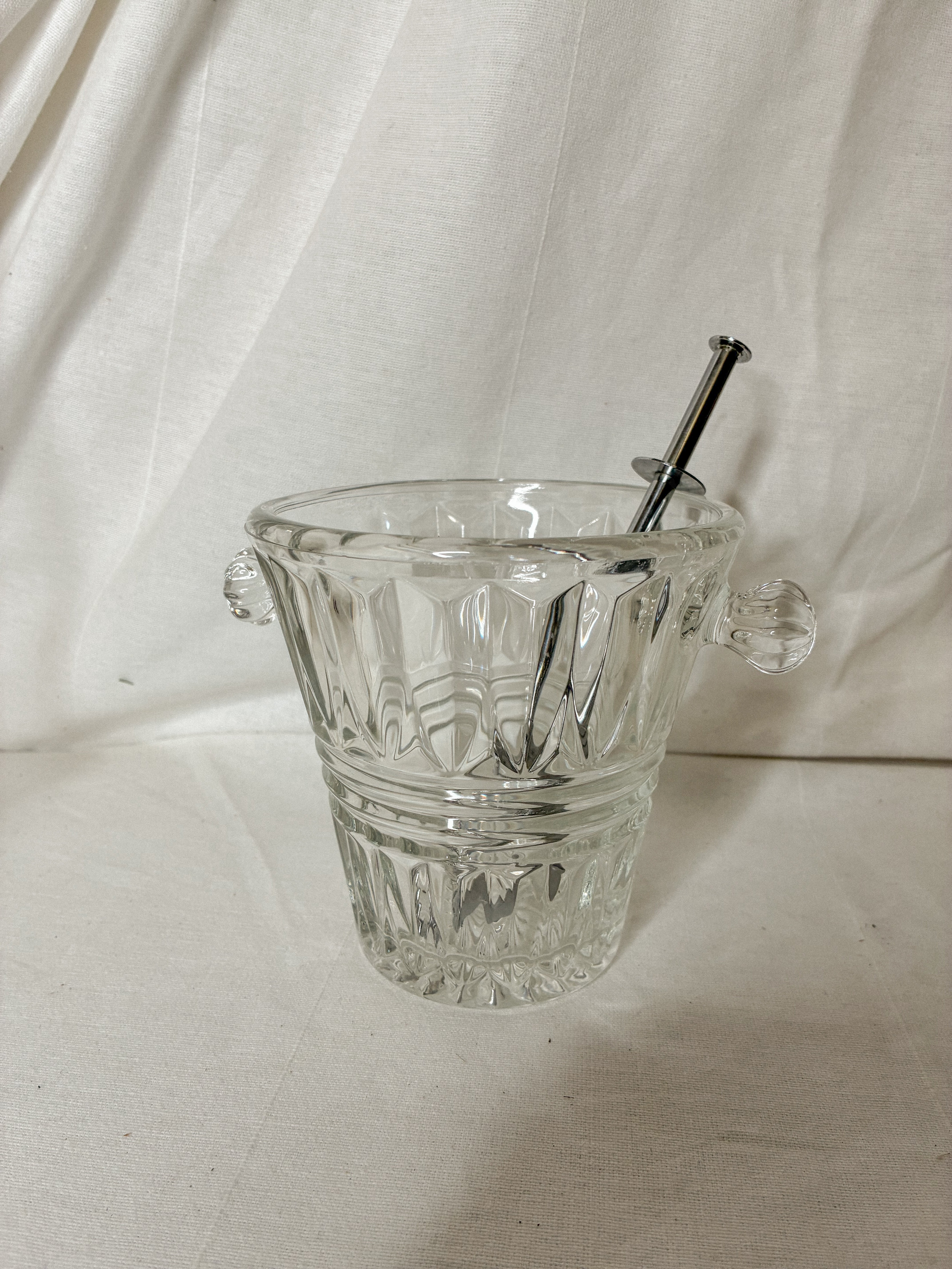 Antique French Crystal Ice Bucket with Spring-Loaded Ice Tongs