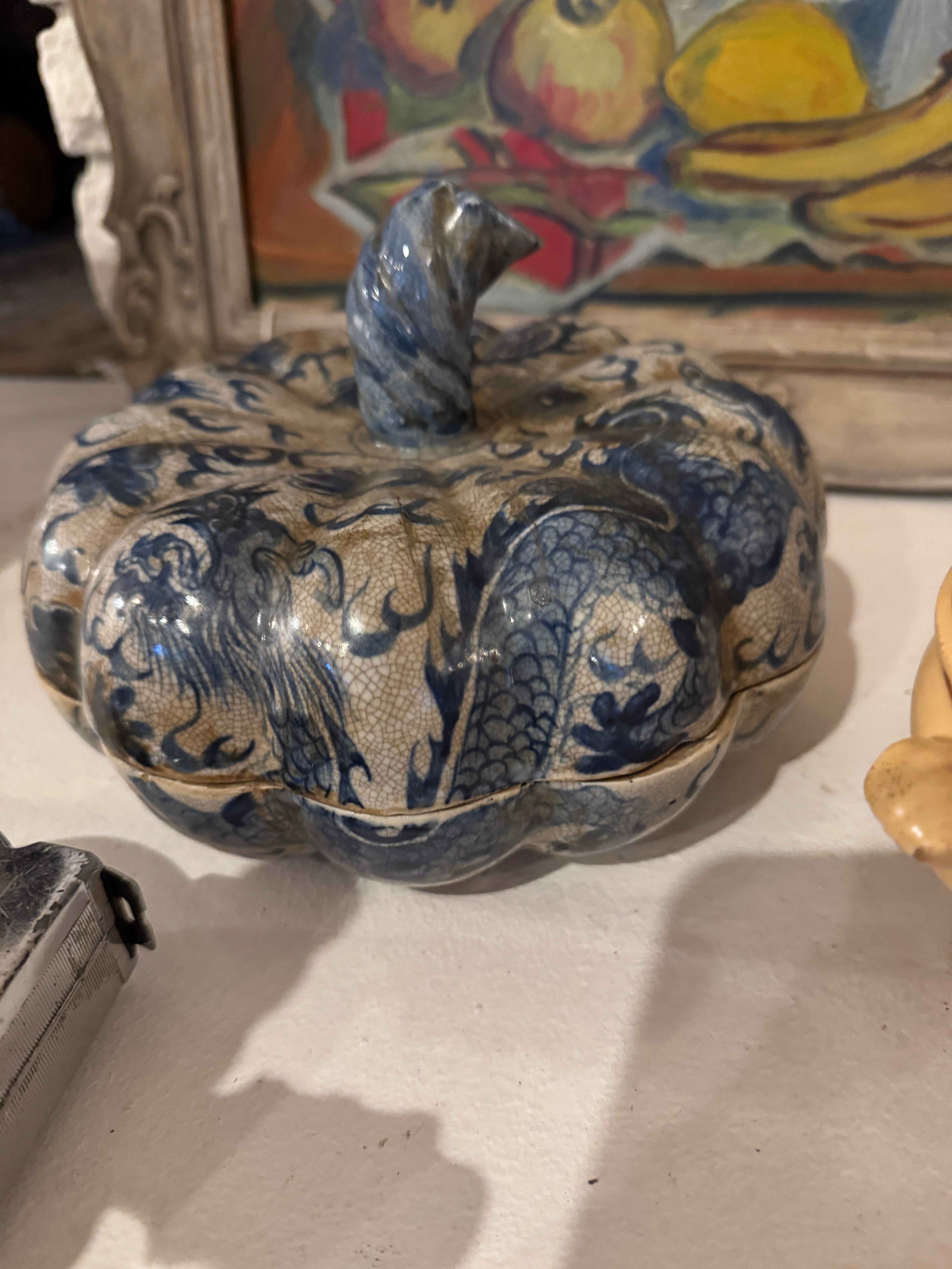 Antique French Faïence Pumpkin Pot Couvert, Bleu de Chine,18th c.