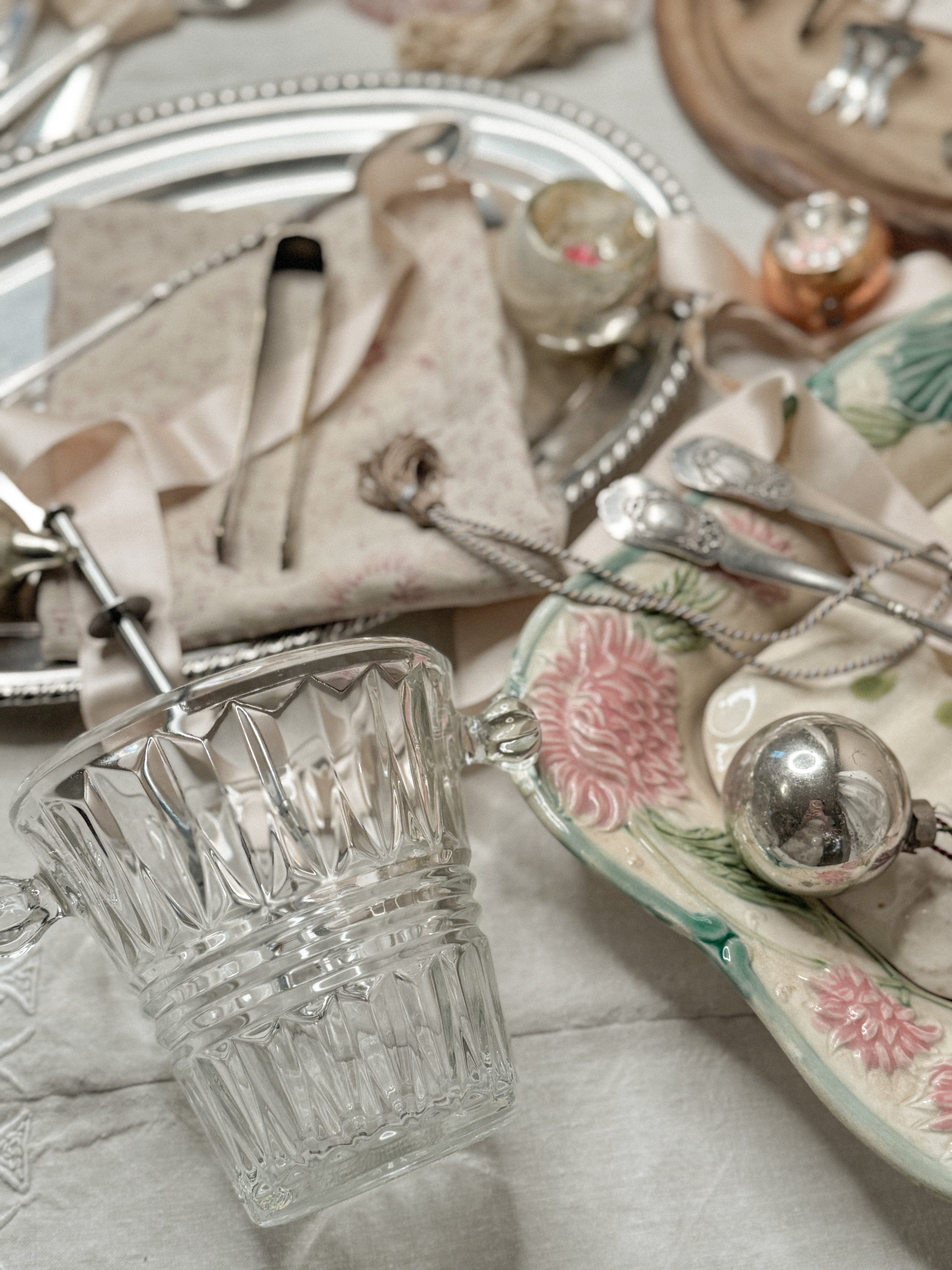 Antique French Crystal Ice Bucket with Spring-Loaded Ice Tongs