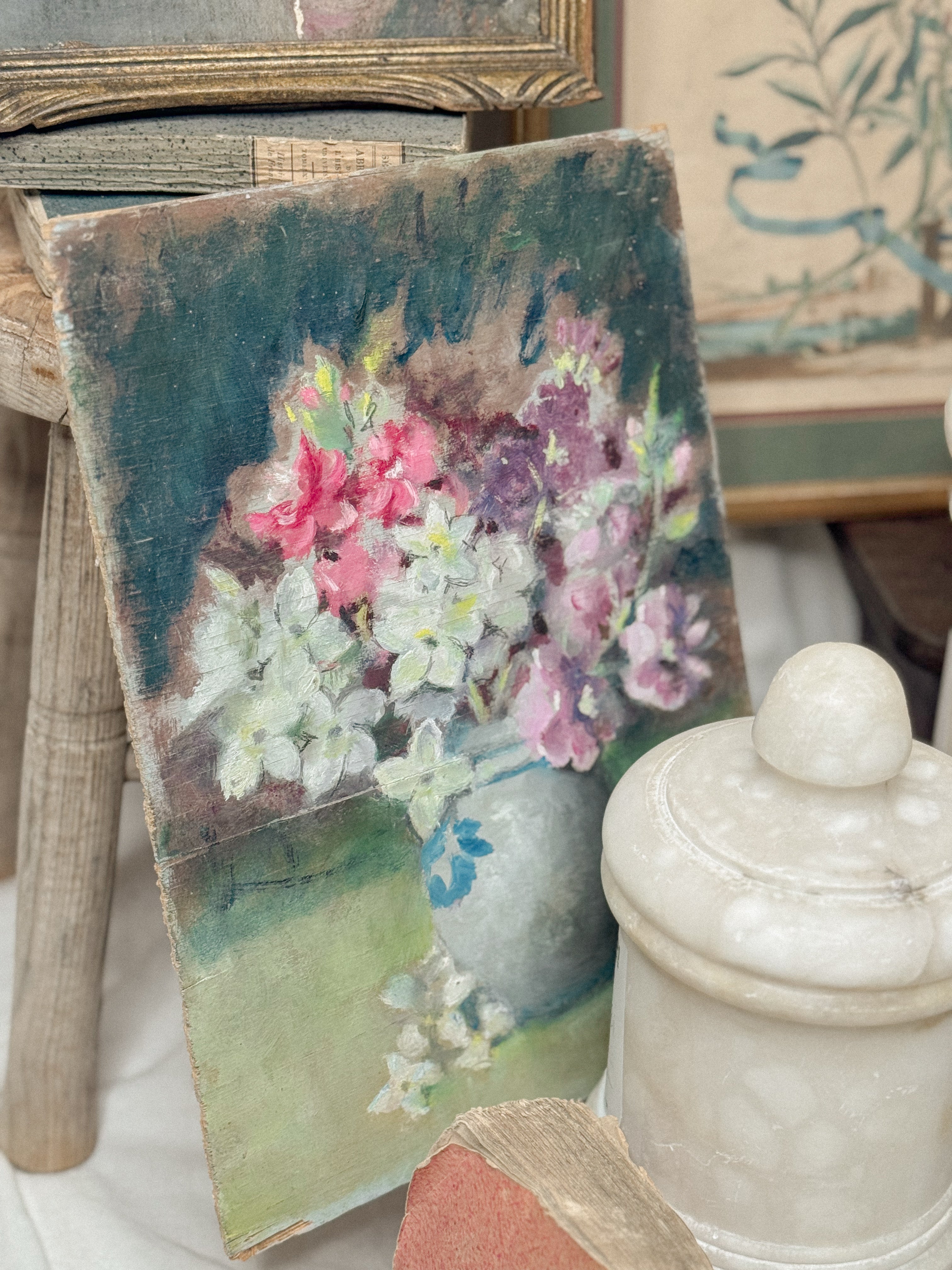 Antique French Oil on Panel, Floral Still Life | Monogrammed, Late 19th–Early 20th Century