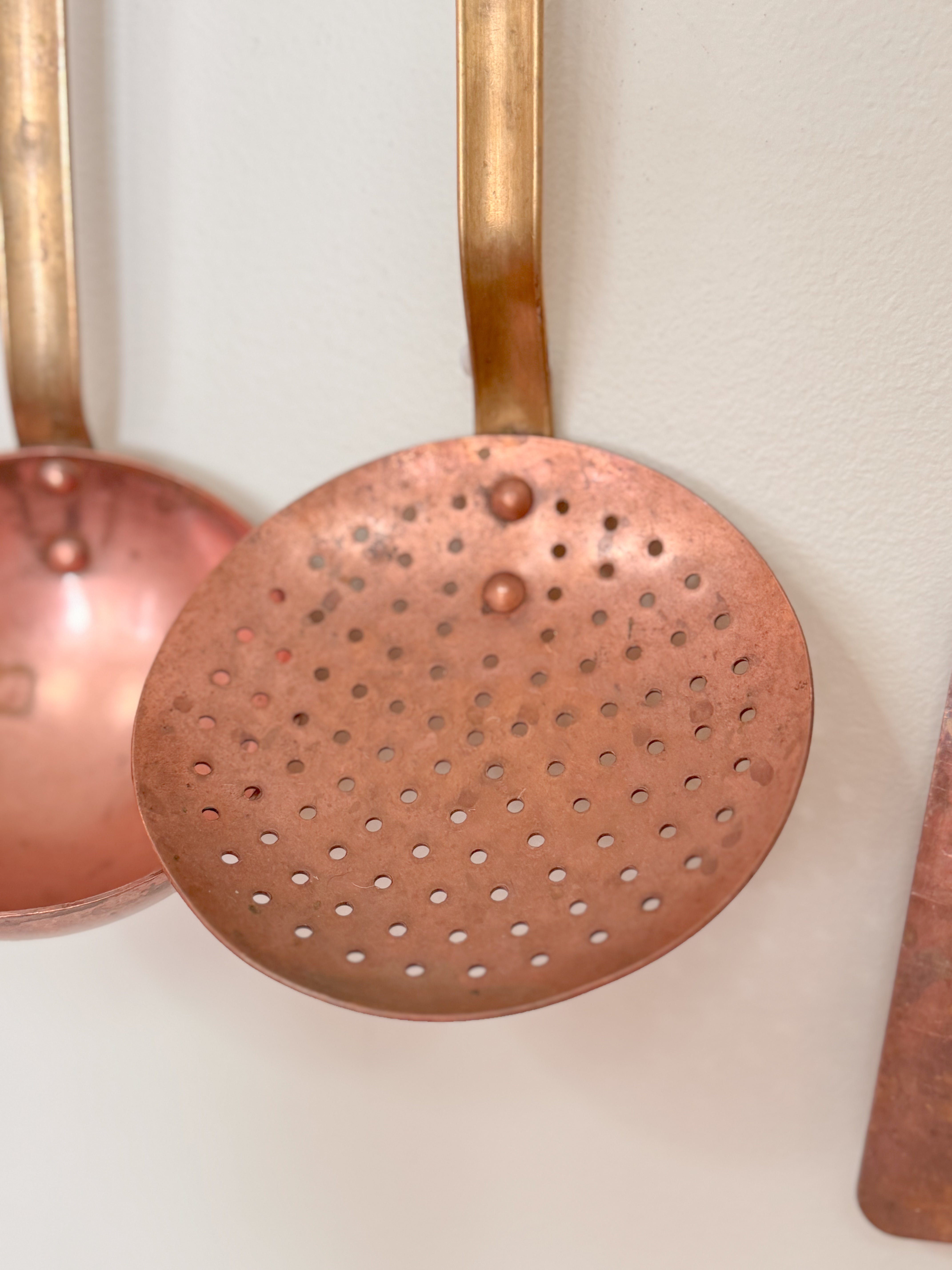 Antique French Brass & Copper Kitchen Utensil Set on Hanging Rack