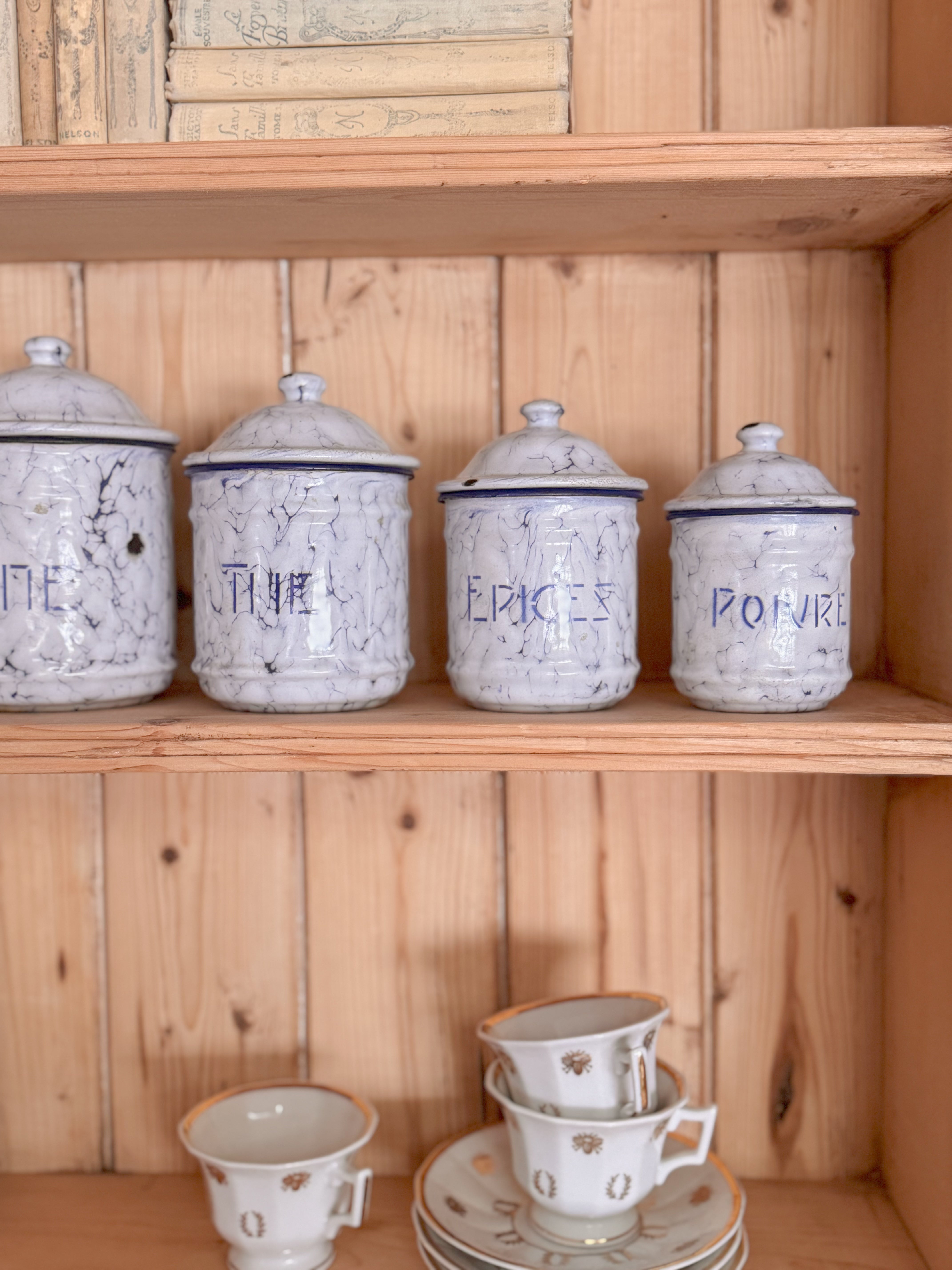 Set of French Blue & White Marbled Enamel Canisters