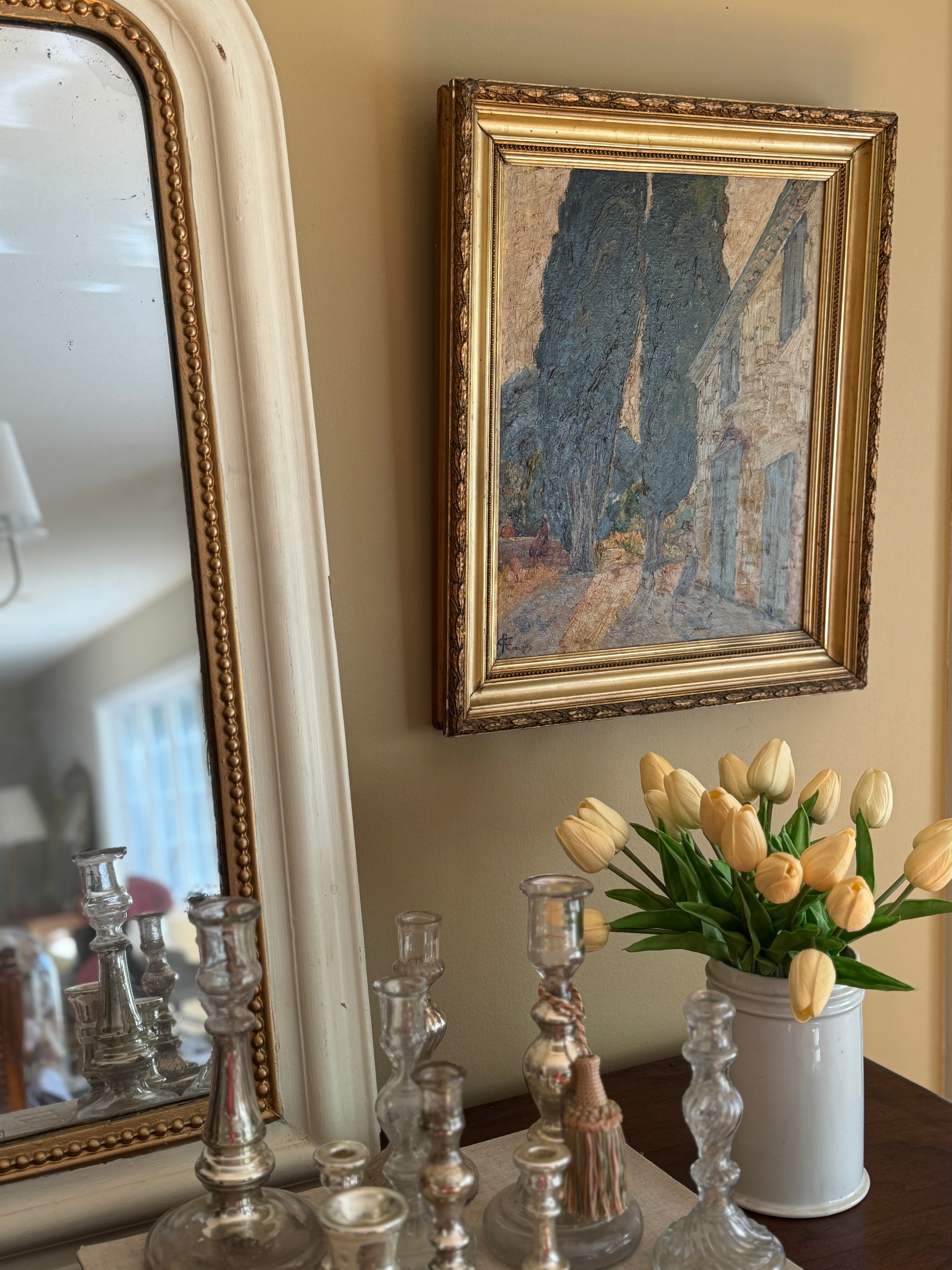Antique French Landscape with Cypresses and a Bastide, Signed Cyrille Rougier, Framed Oil on Board