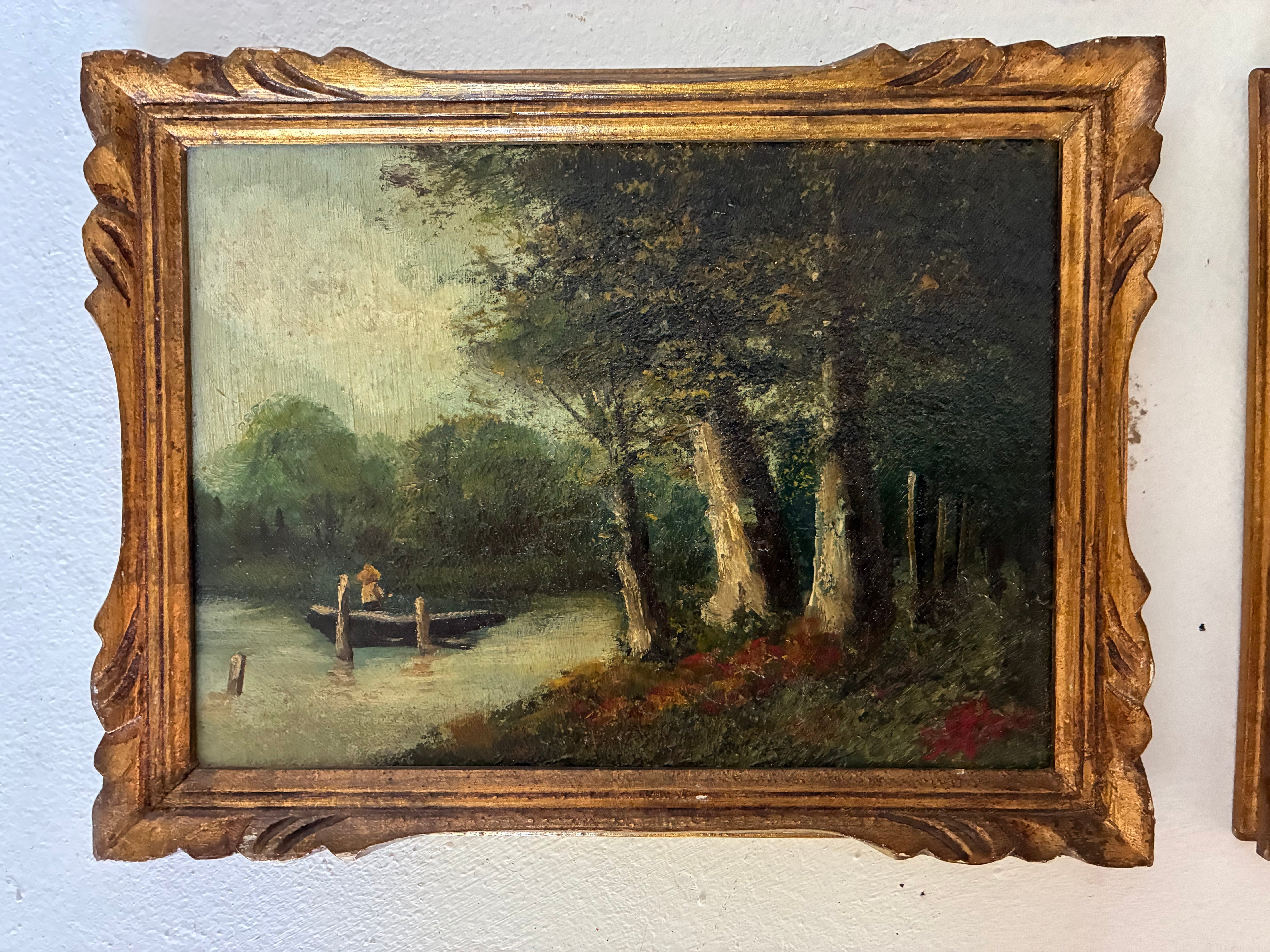 Antique Pair of Small French Oil Paintings, River and Forest Scenes, late 19th c.