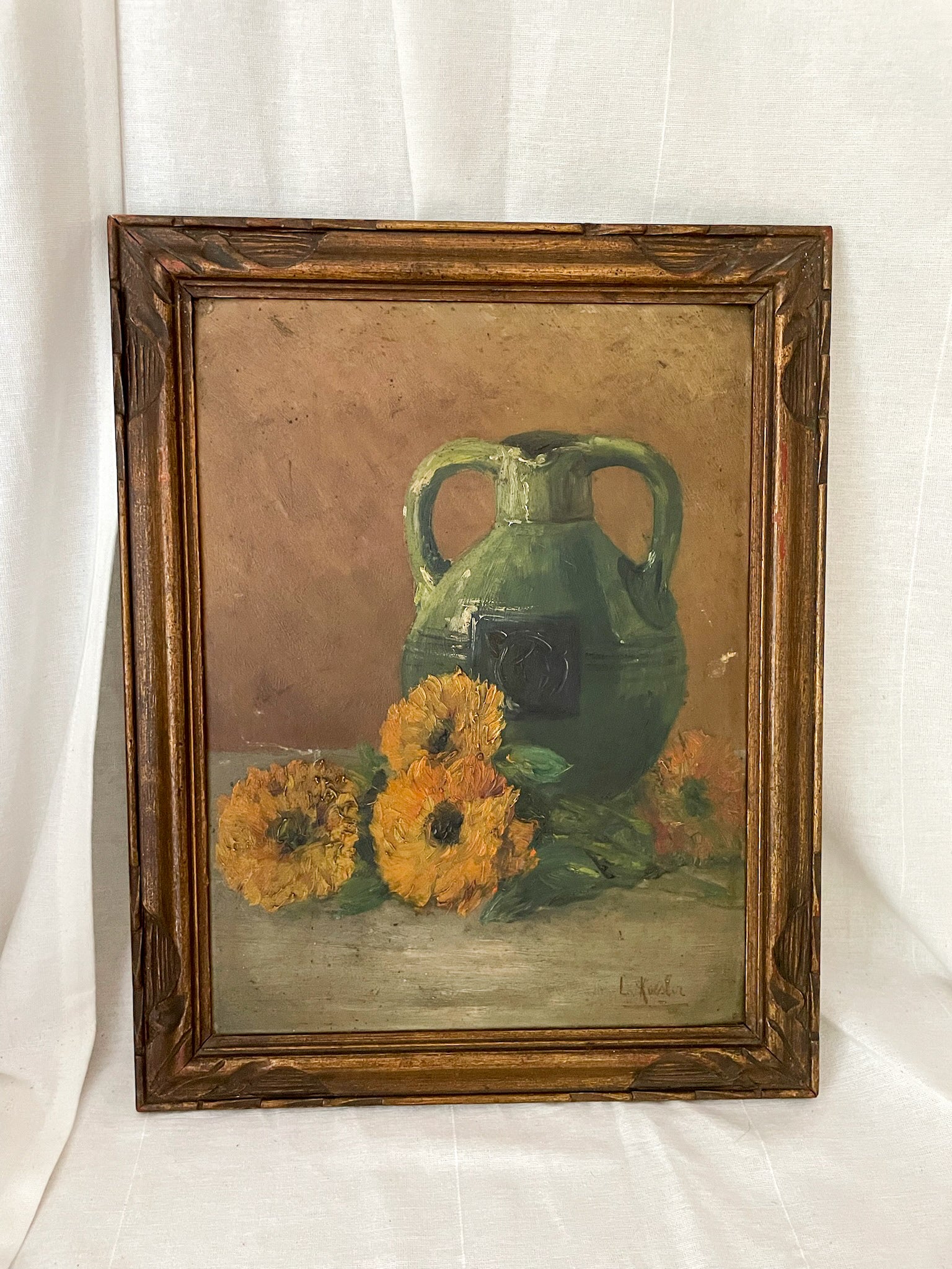 Vintage oil on board in carved wood frame