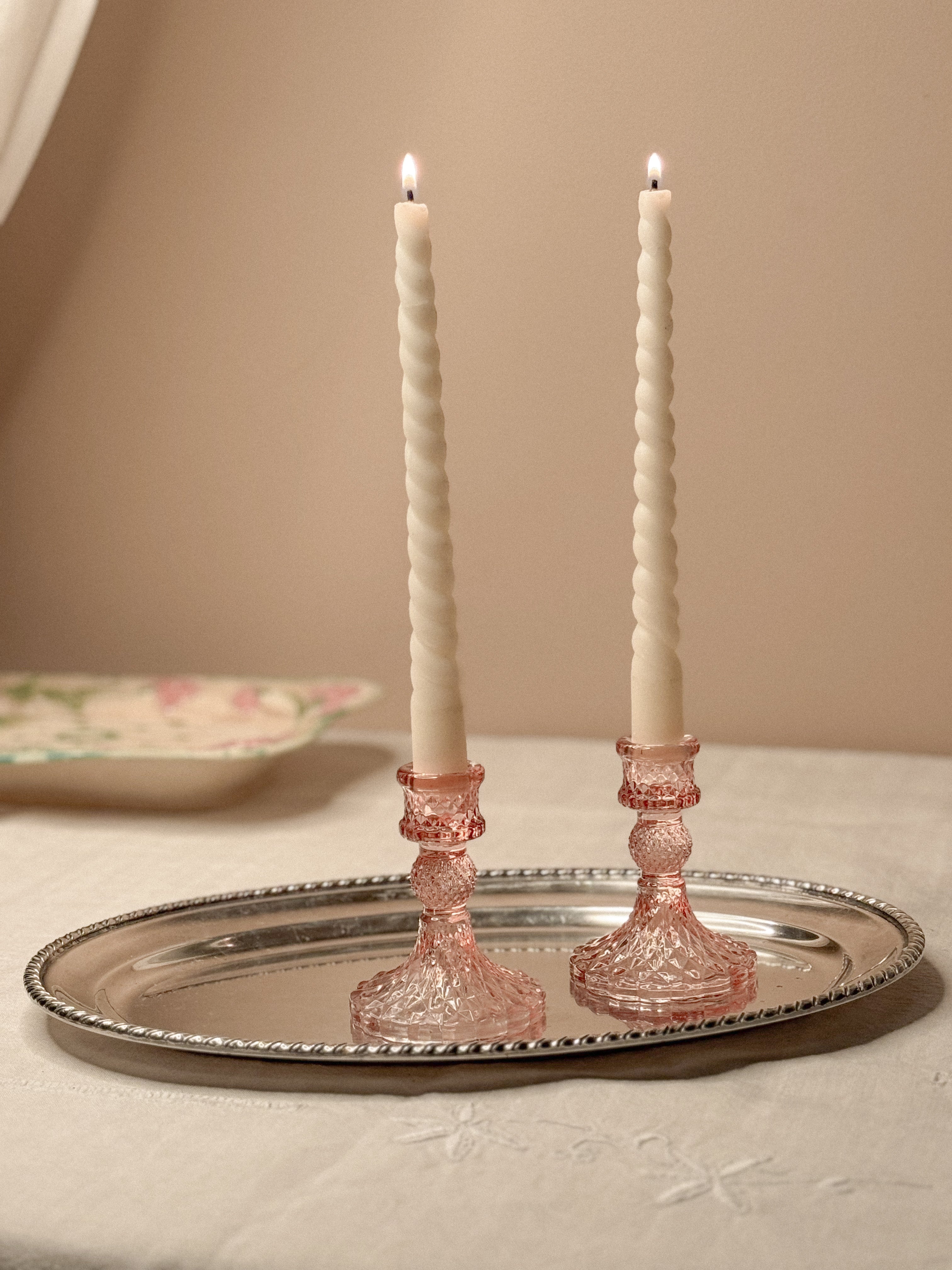 Pair of Vintage Pink Pressed-Glass Candlesticks