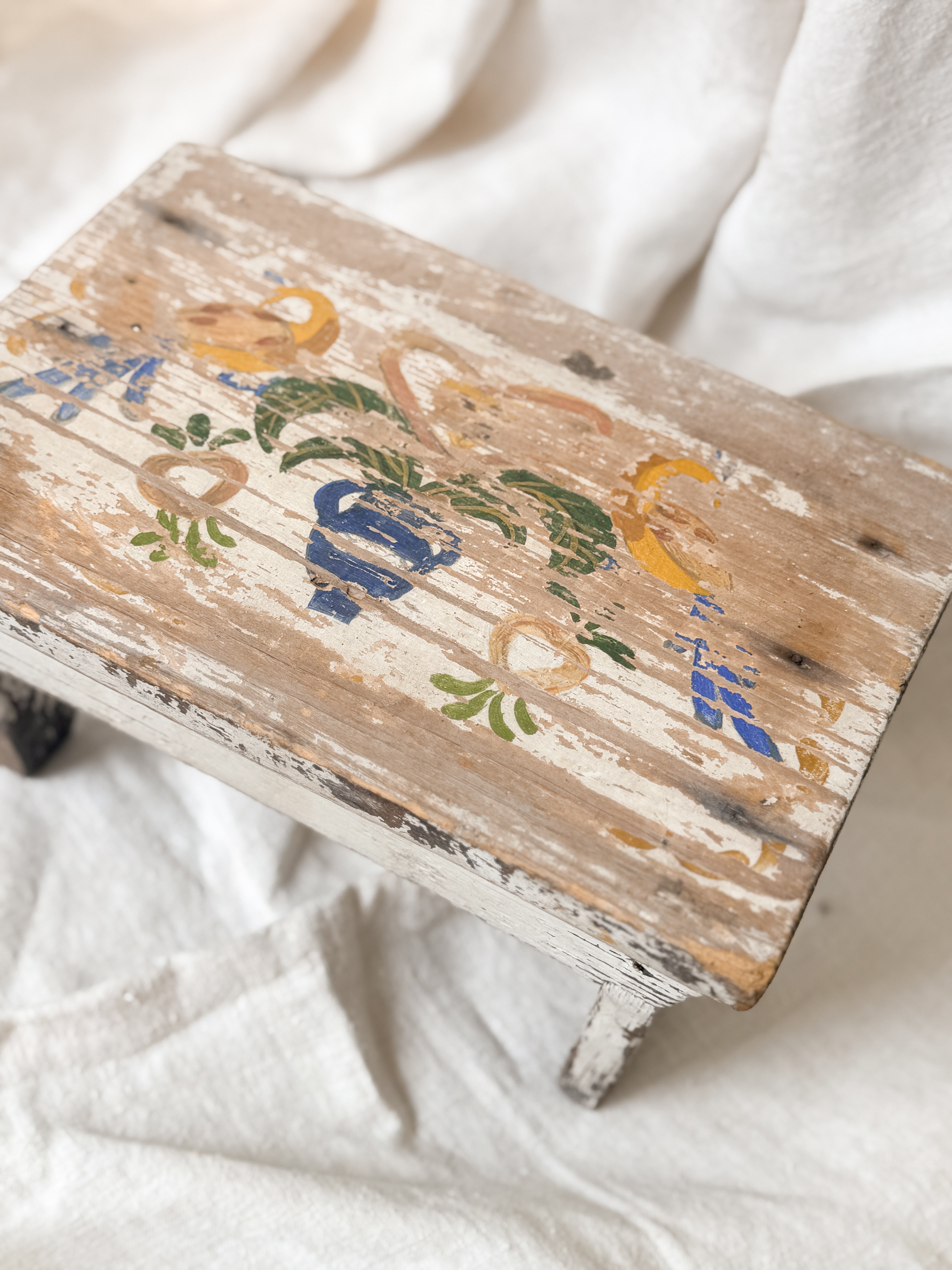 Antique Painted Wood Footstool, Bird and Urn Motif, Worn White Paint