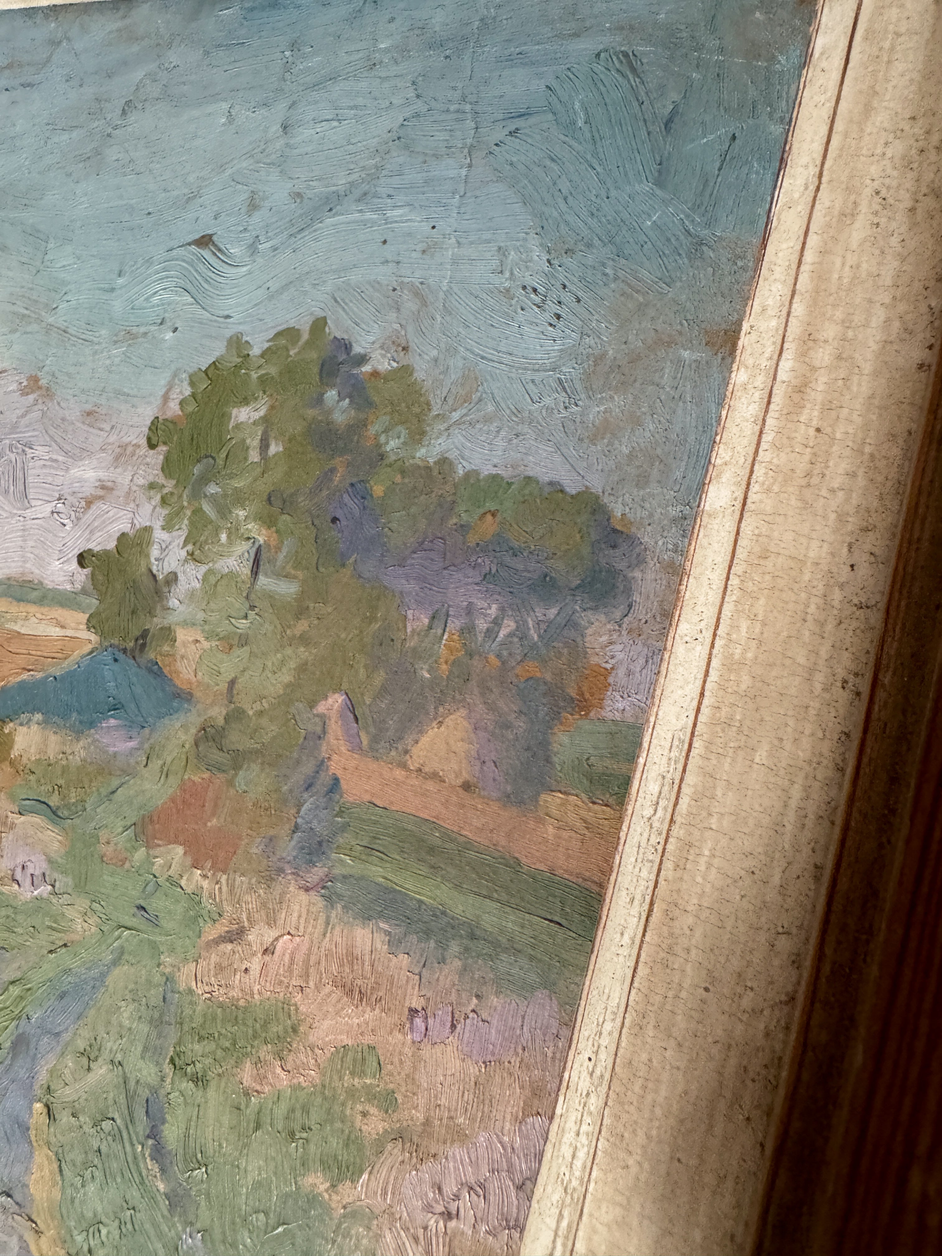 Antique French Oil on Board, Haystacks in a Field