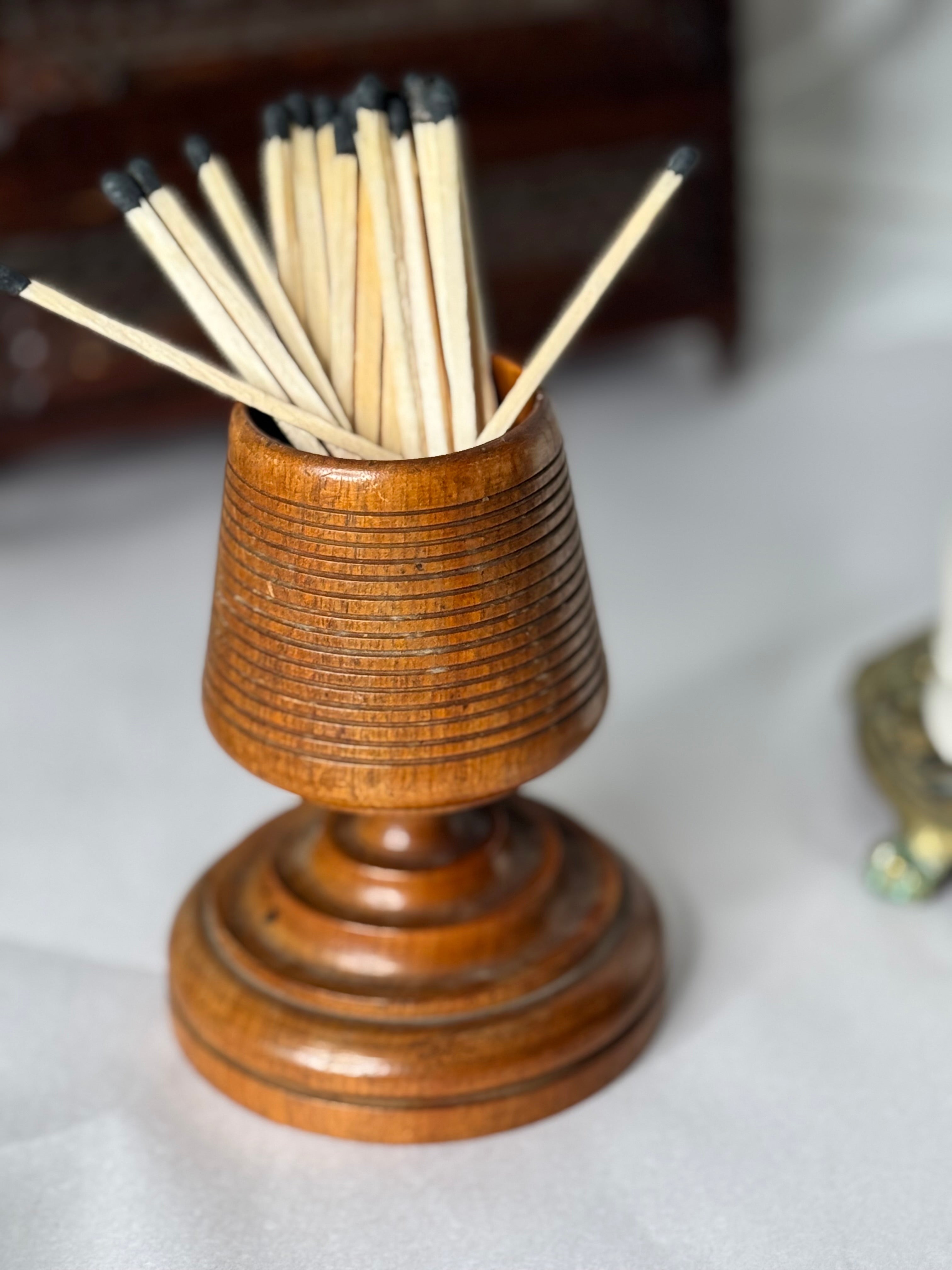 Antique Turned Wood Match Striker with Pedestal Base