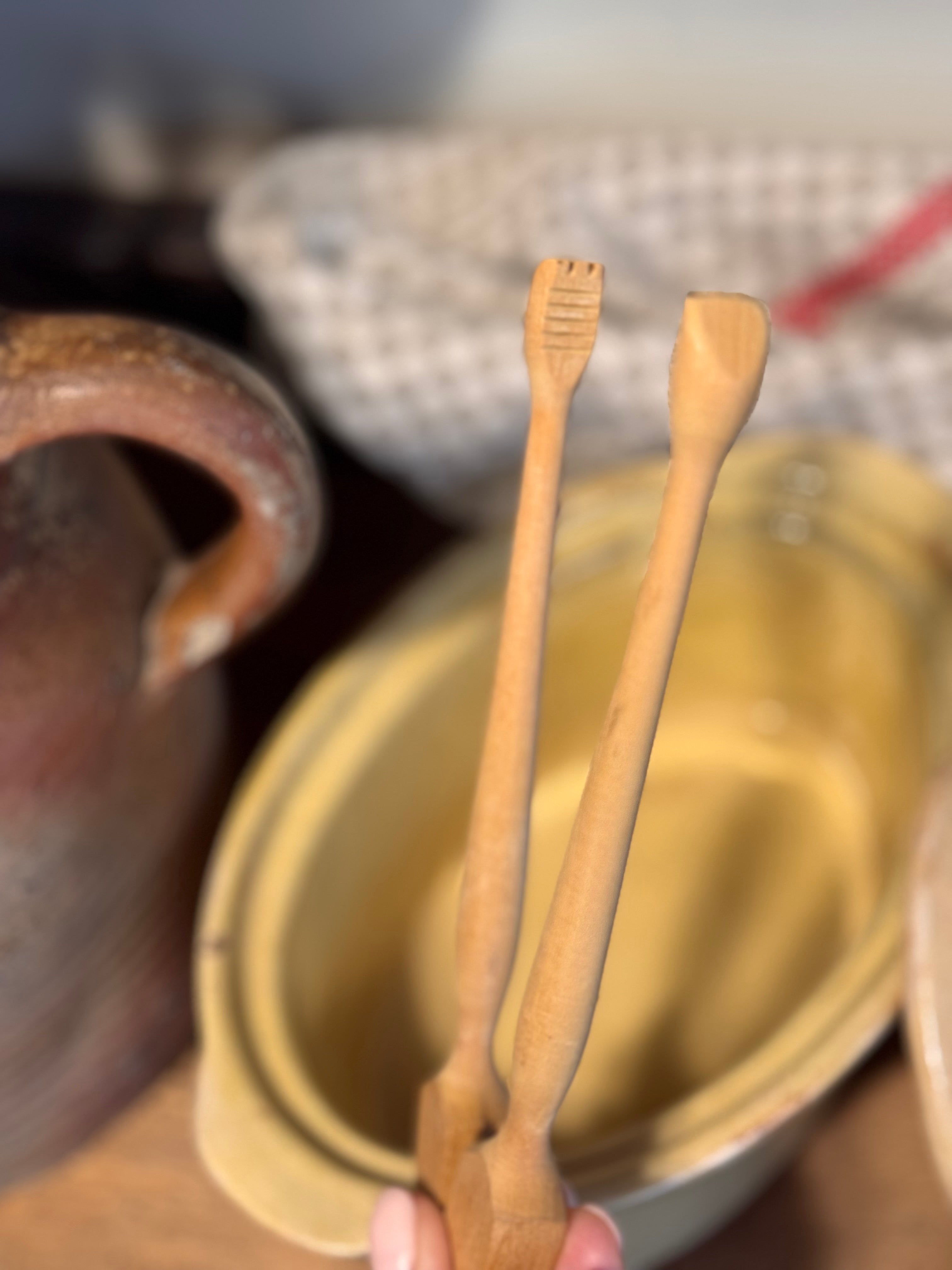 Vintage French Carved Wooden Tongs