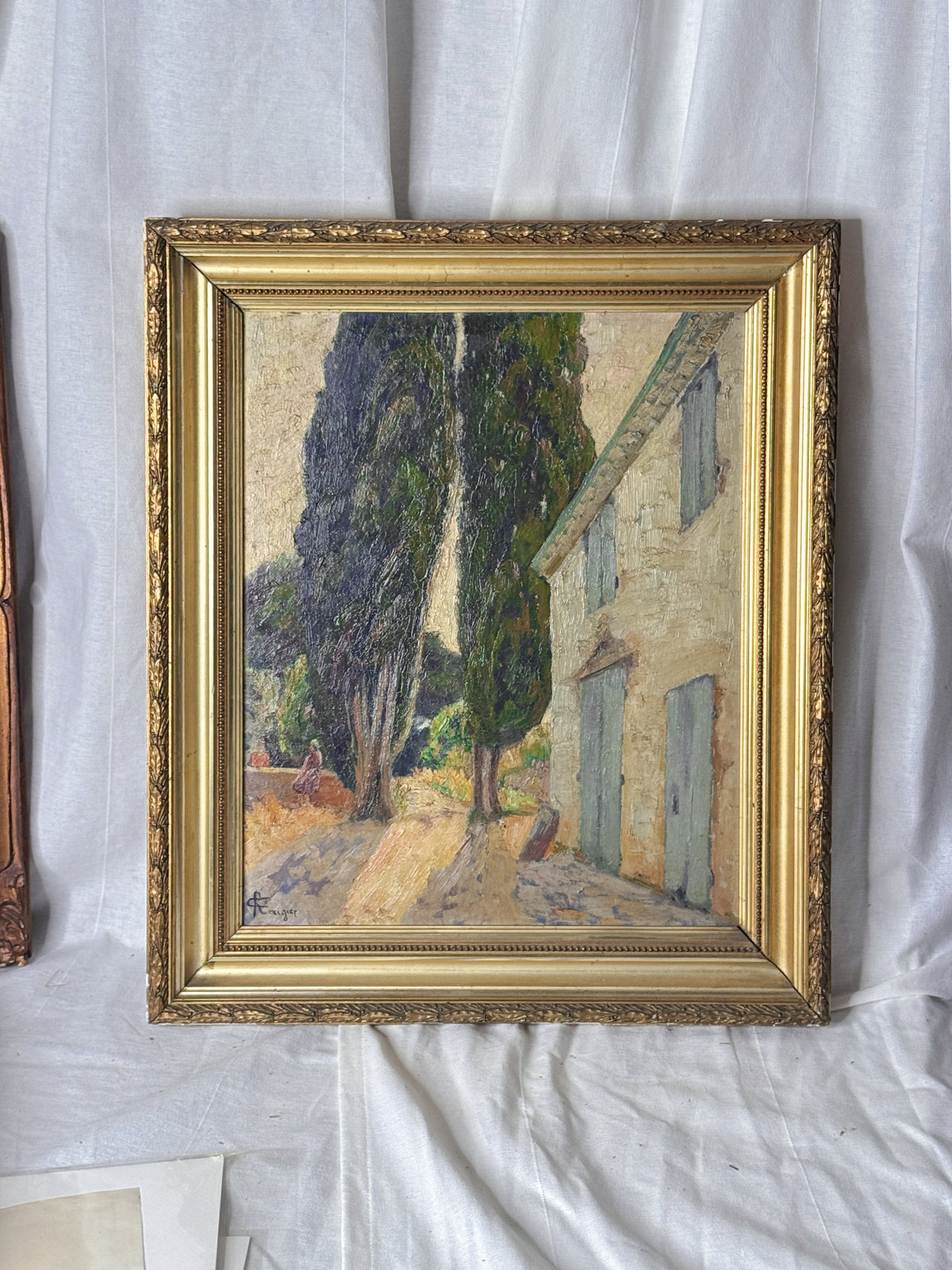 Antique French Landscape with Cypresses and a Bastide, Signed Cyrille Rougier, Framed Oil on Board