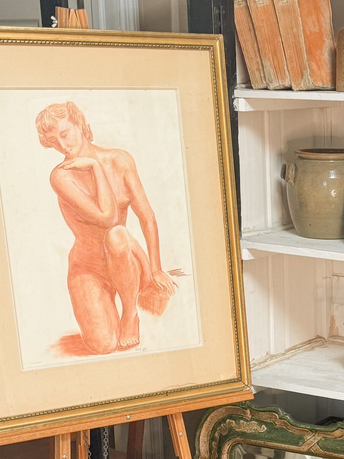 French Sanguine Drawing of a Kneeling Nude, Signed and Dated 1955