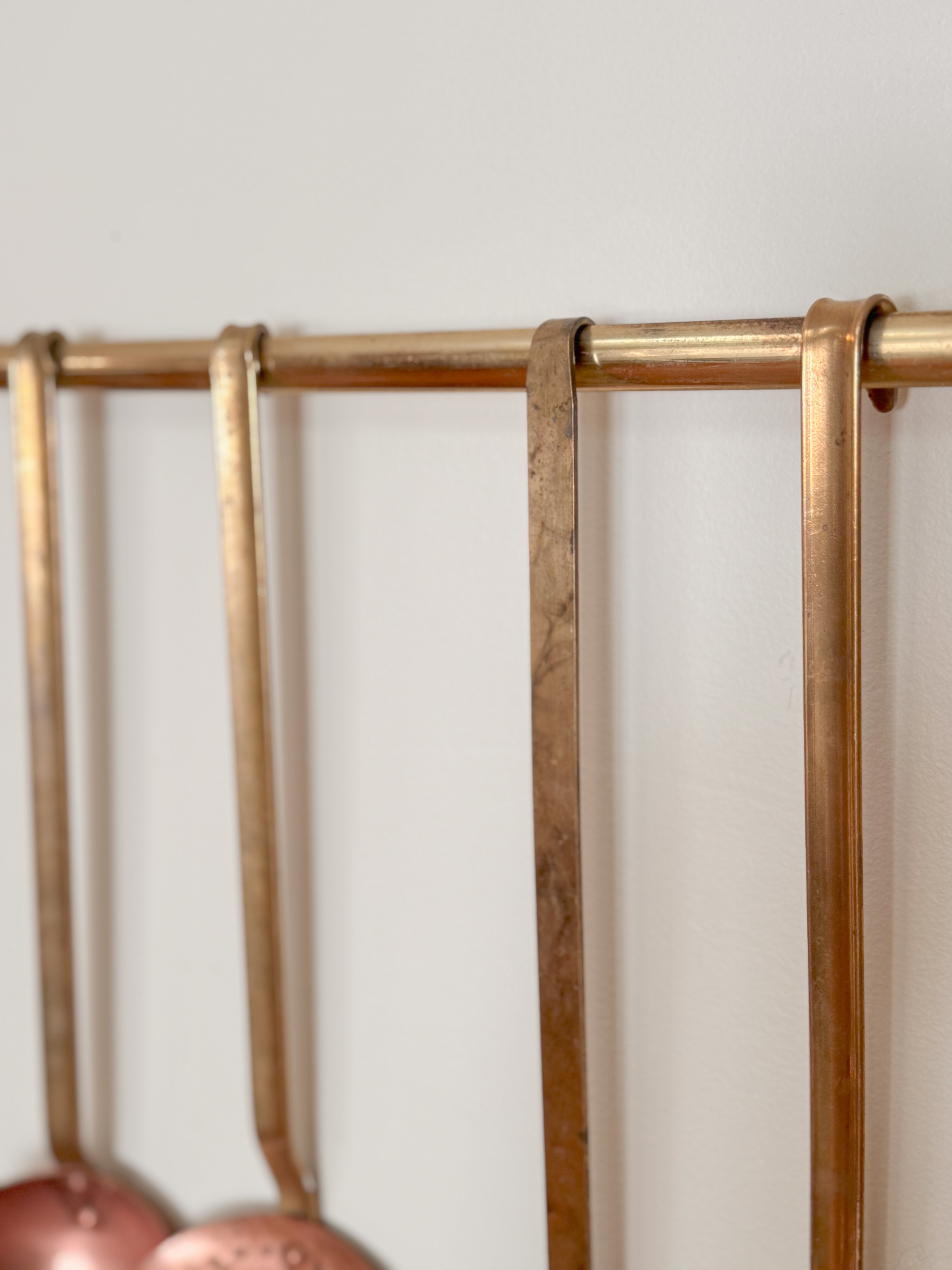 Antique French Brass & Copper Kitchen Utensil Set on Hanging Rack