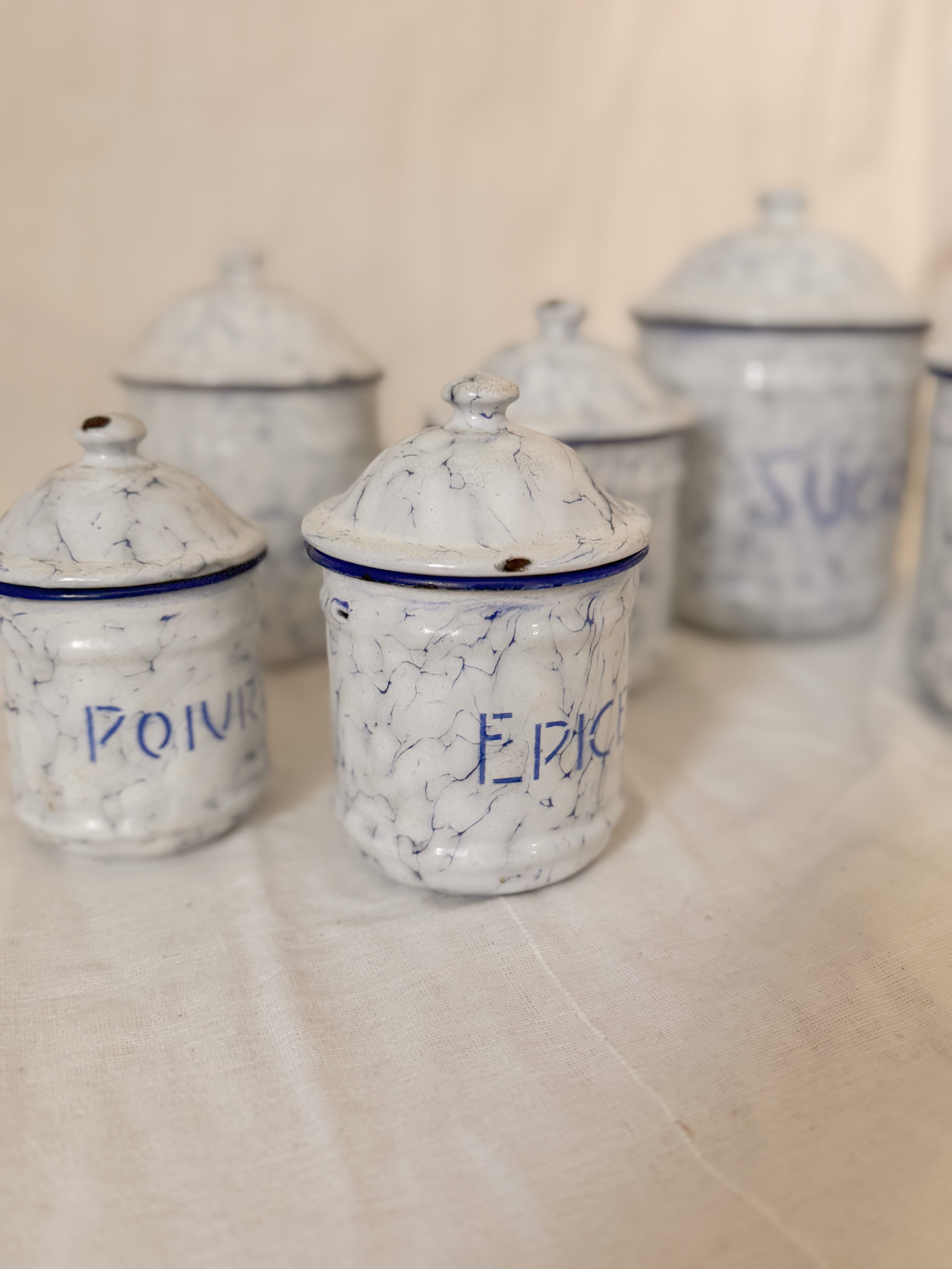 Set of French Blue & White Marbled Enamel Canisters