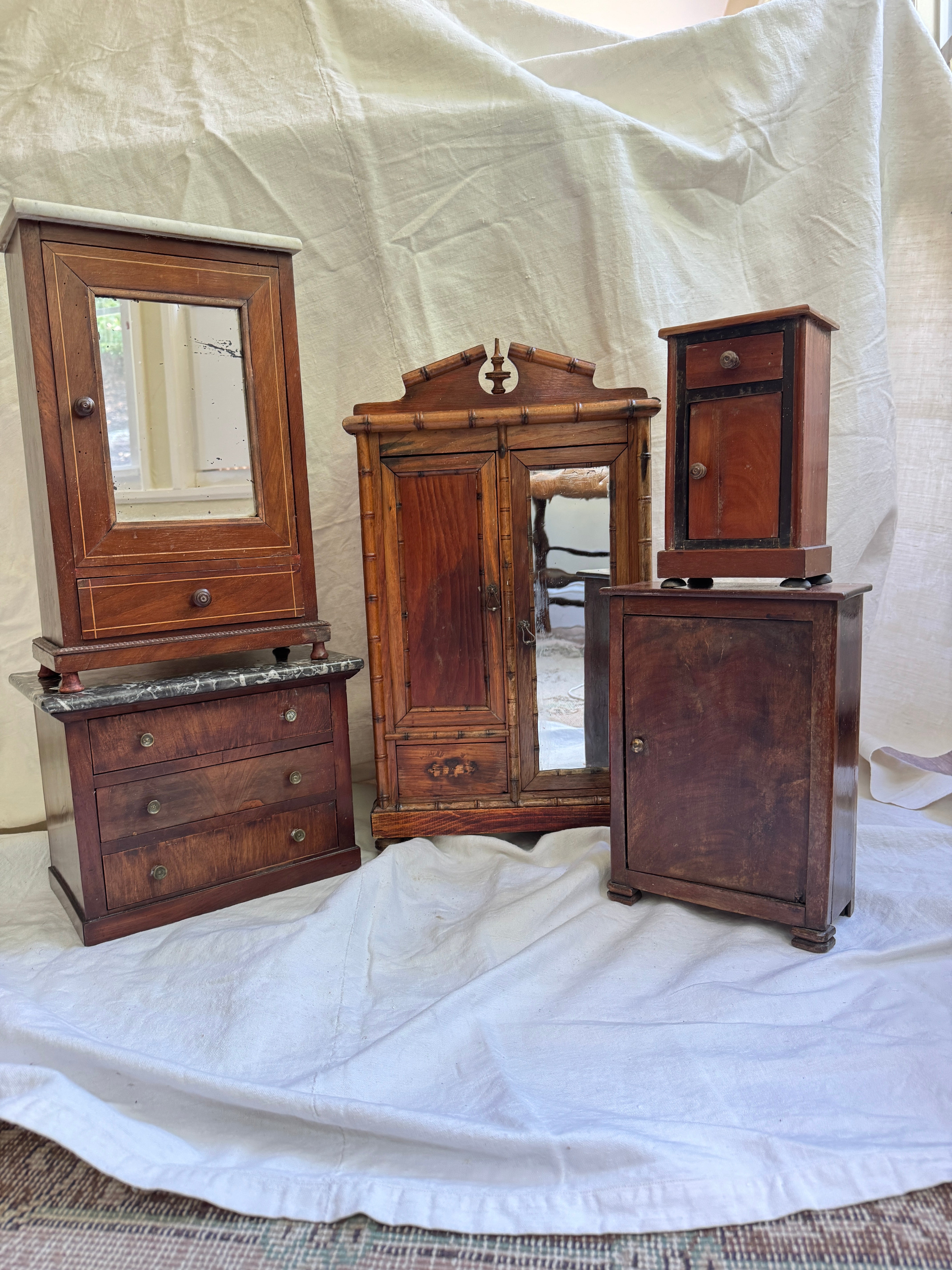 Antique French Faux-Bamboo Miniature Armoire, Belle Époque
