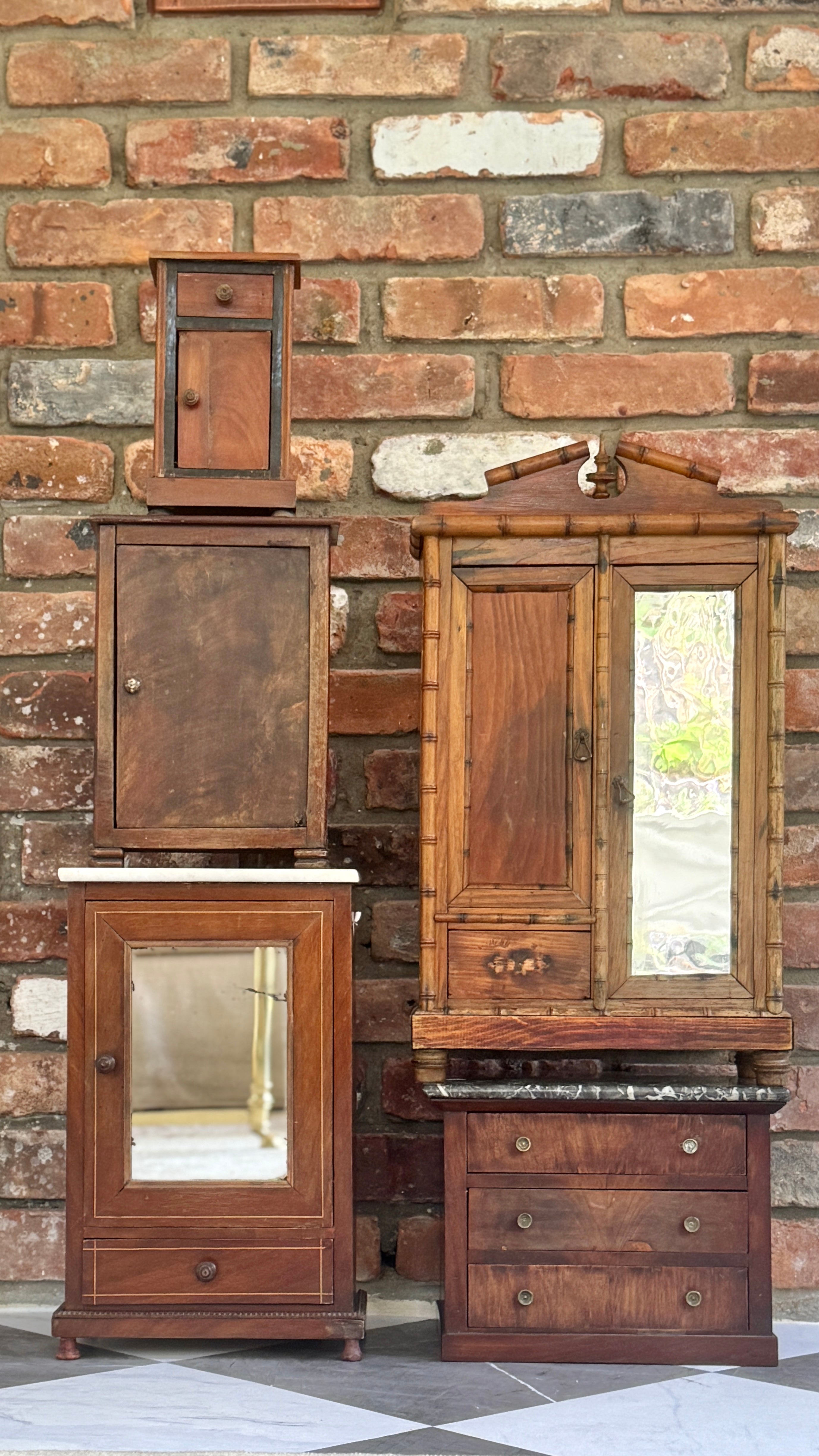 Antique French Miniature Marquetry Wardrobe with Marble Top