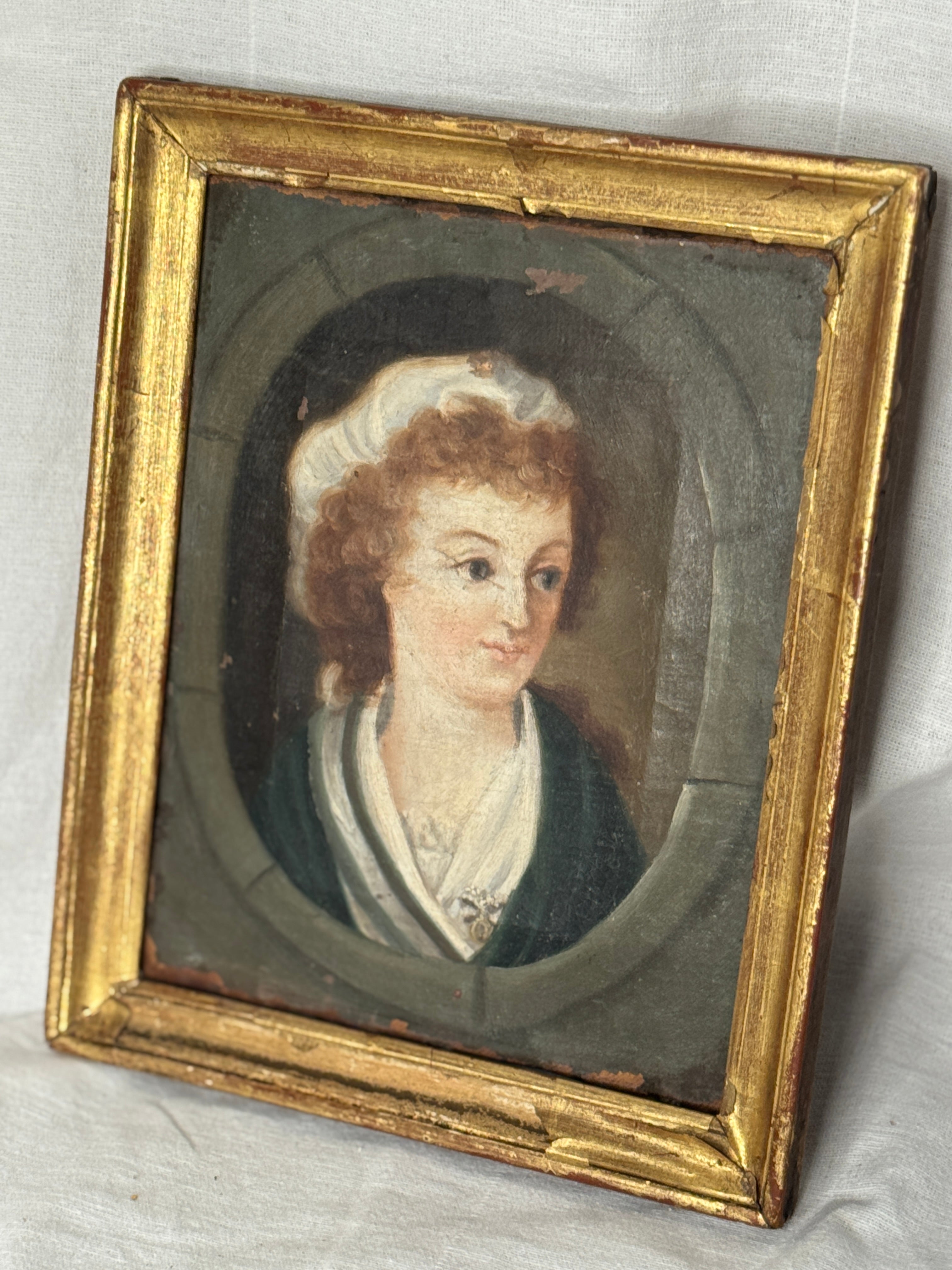 Antique French Portrait of a Young Woman in Bonnet, oil, late 18th / early 19th c.