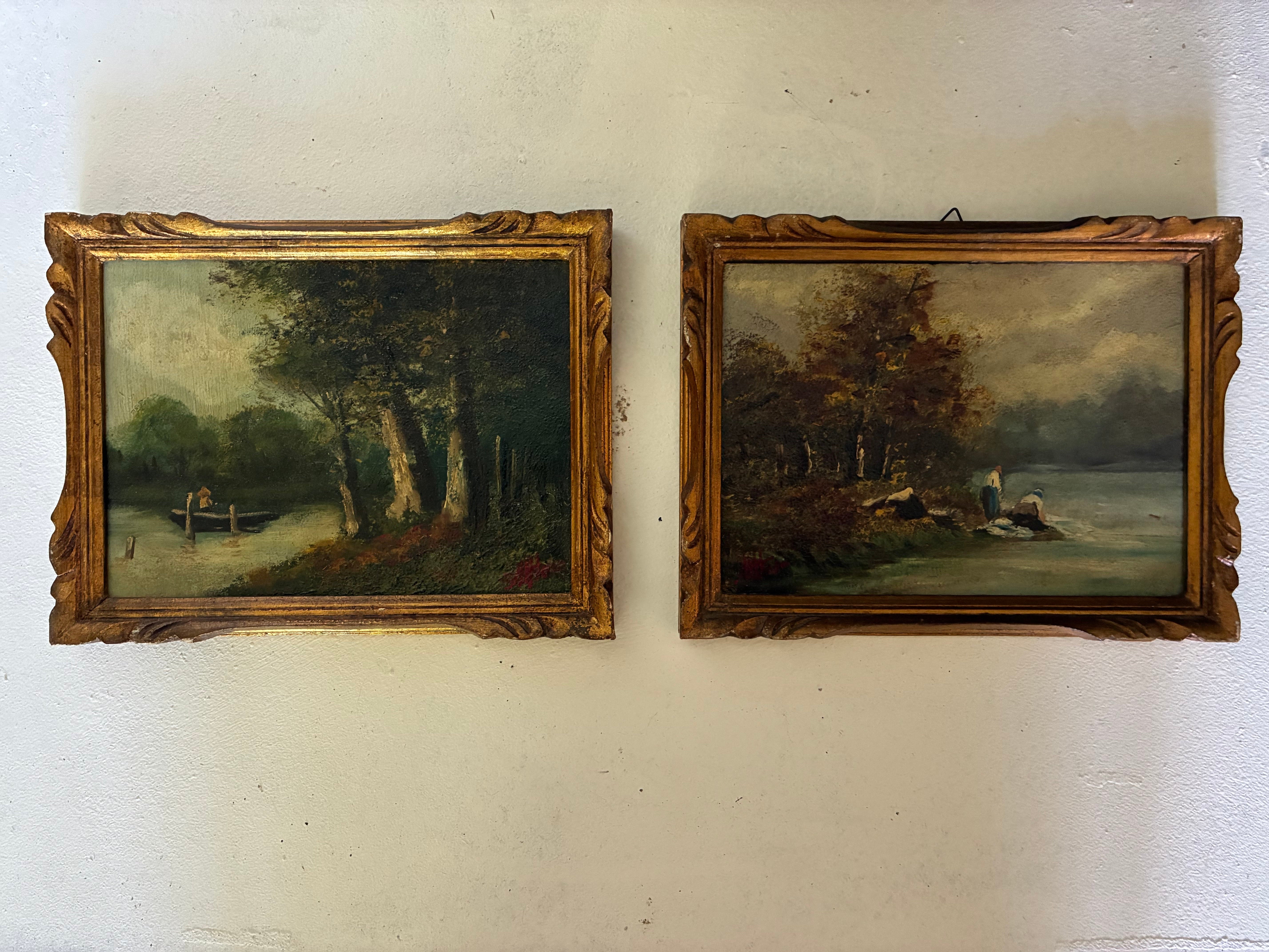 Antique Pair of Small French Oil Paintings, River and Forest Scenes, late 19th c.