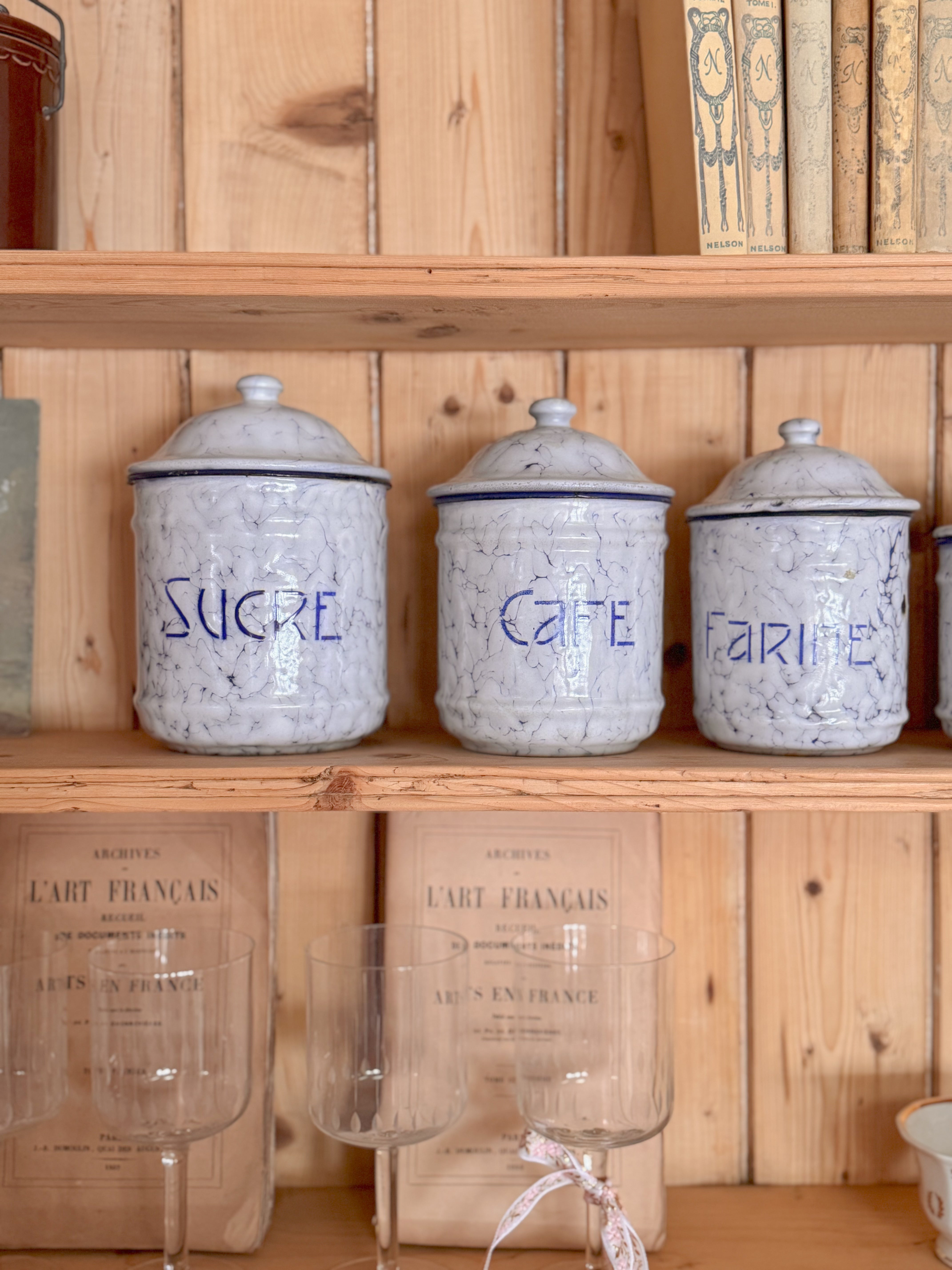 Set of French Blue & White Marbled Enamel Canisters