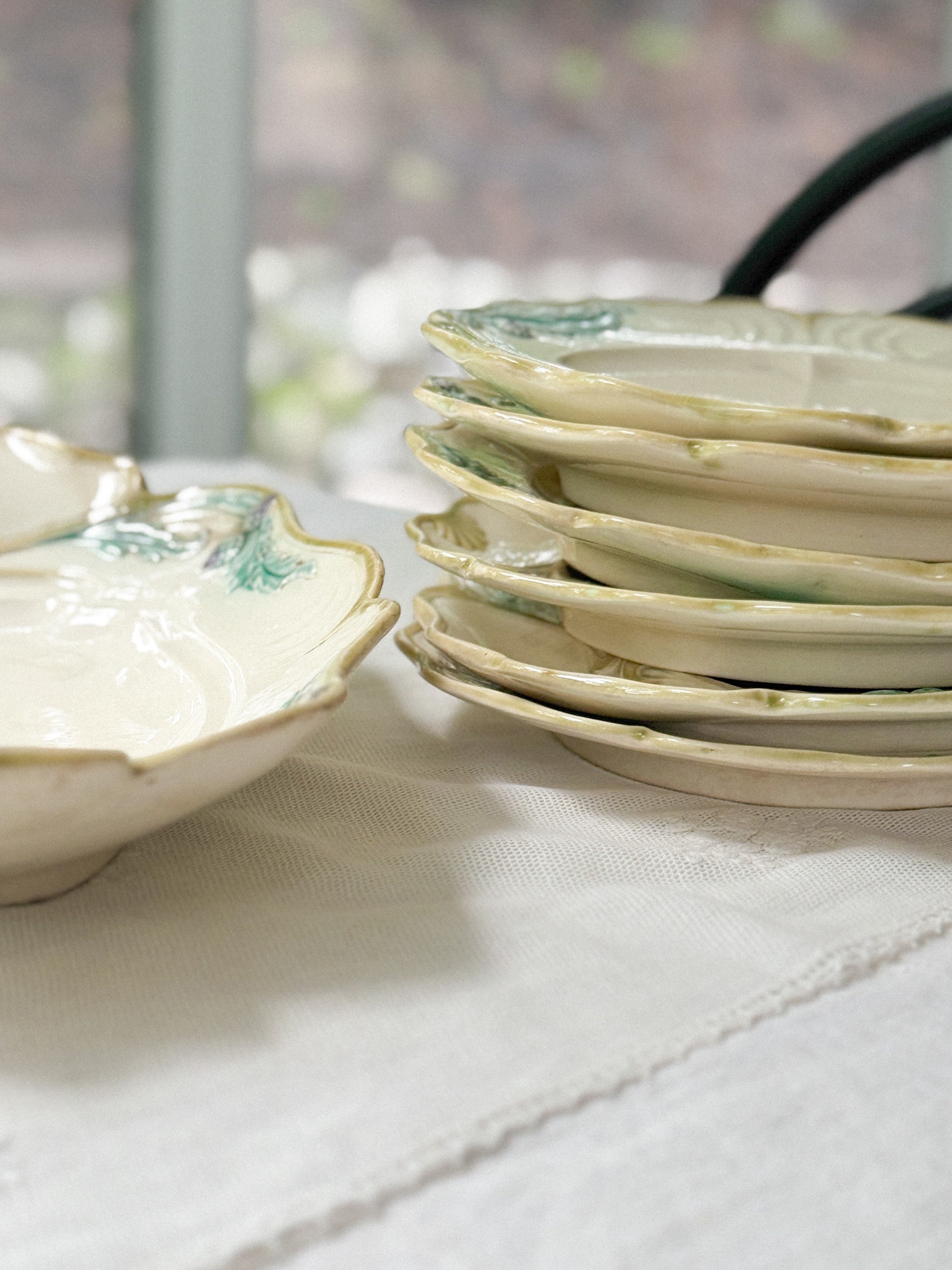 French Barbotine Asparagus Plate, Art Nouveau, Sold Individually