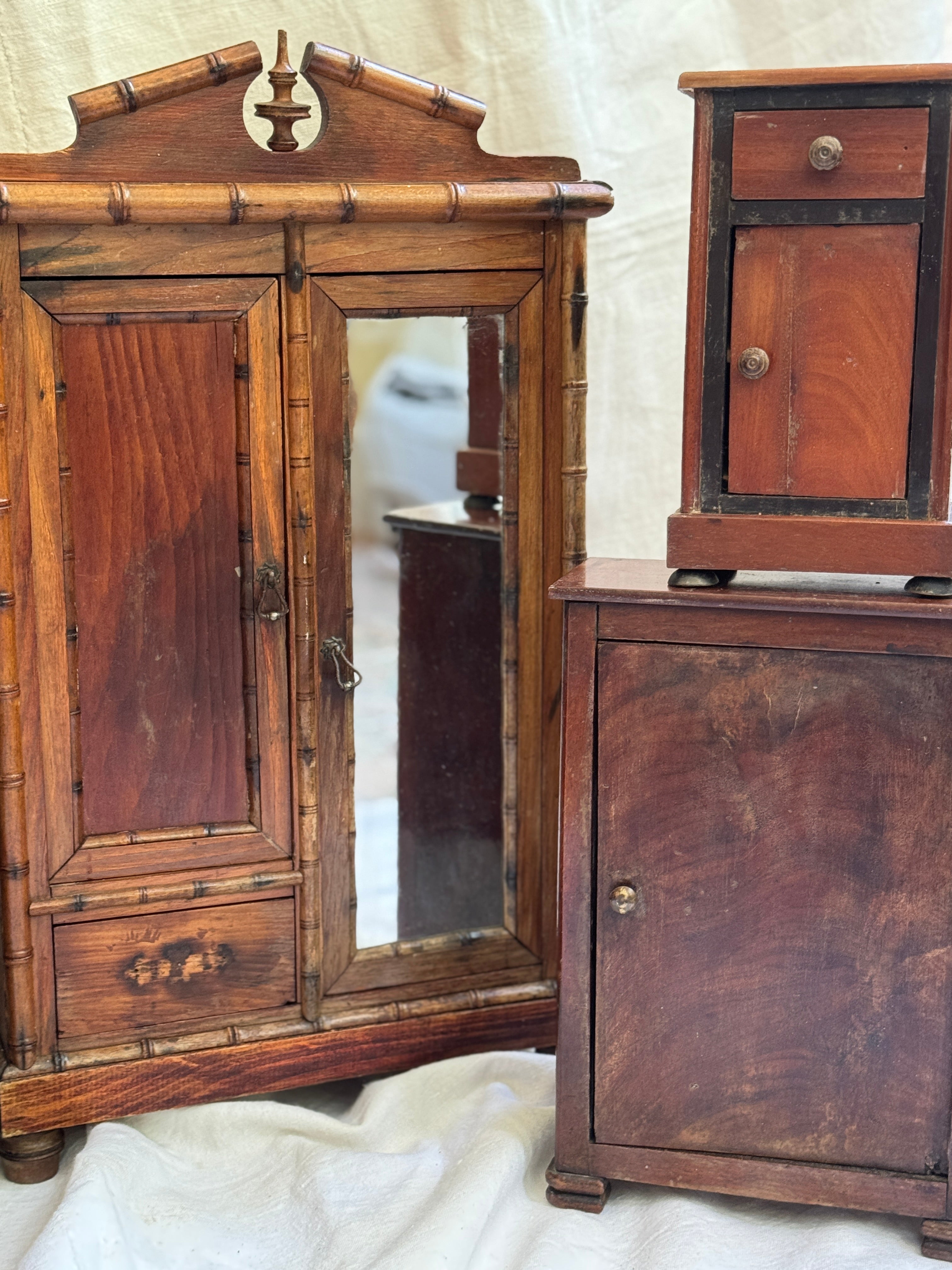 Antique French Faux-Bamboo Miniature Armoire, Belle Époque