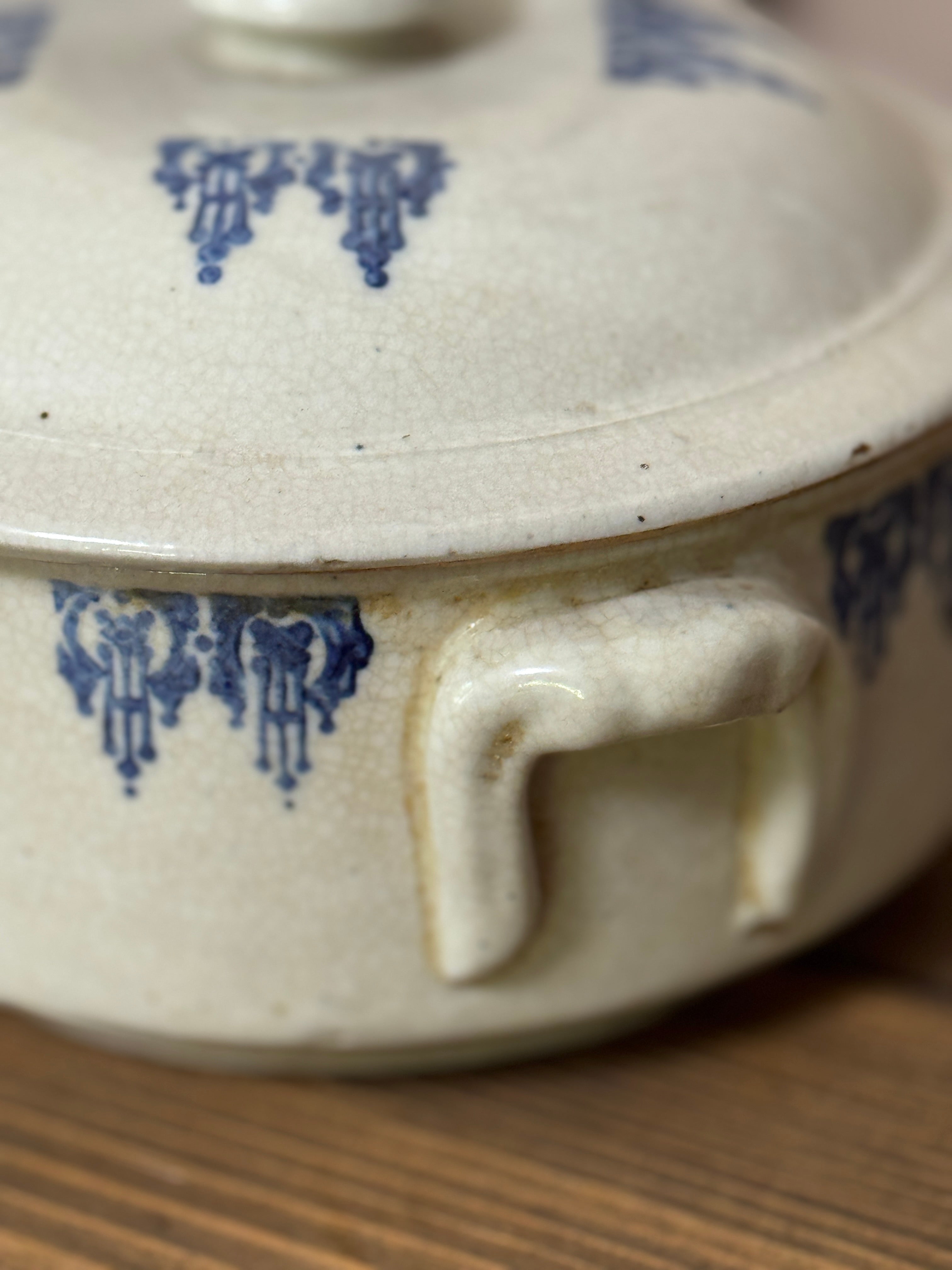 Antique French Saint-Uze Covered Dish, Blue Lambrequin