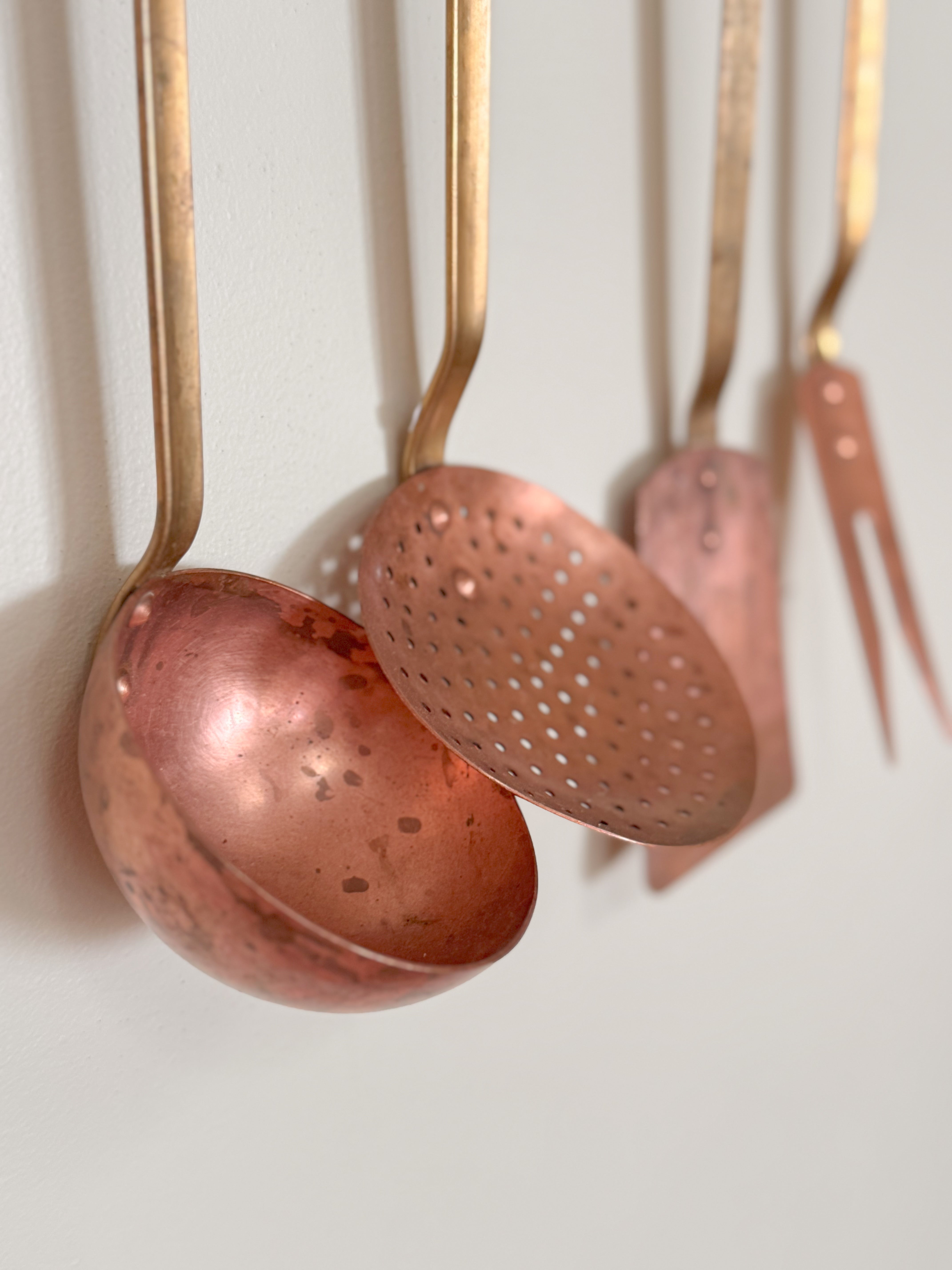 Antique French Brass & Copper Kitchen Utensil Set on Hanging Rack
