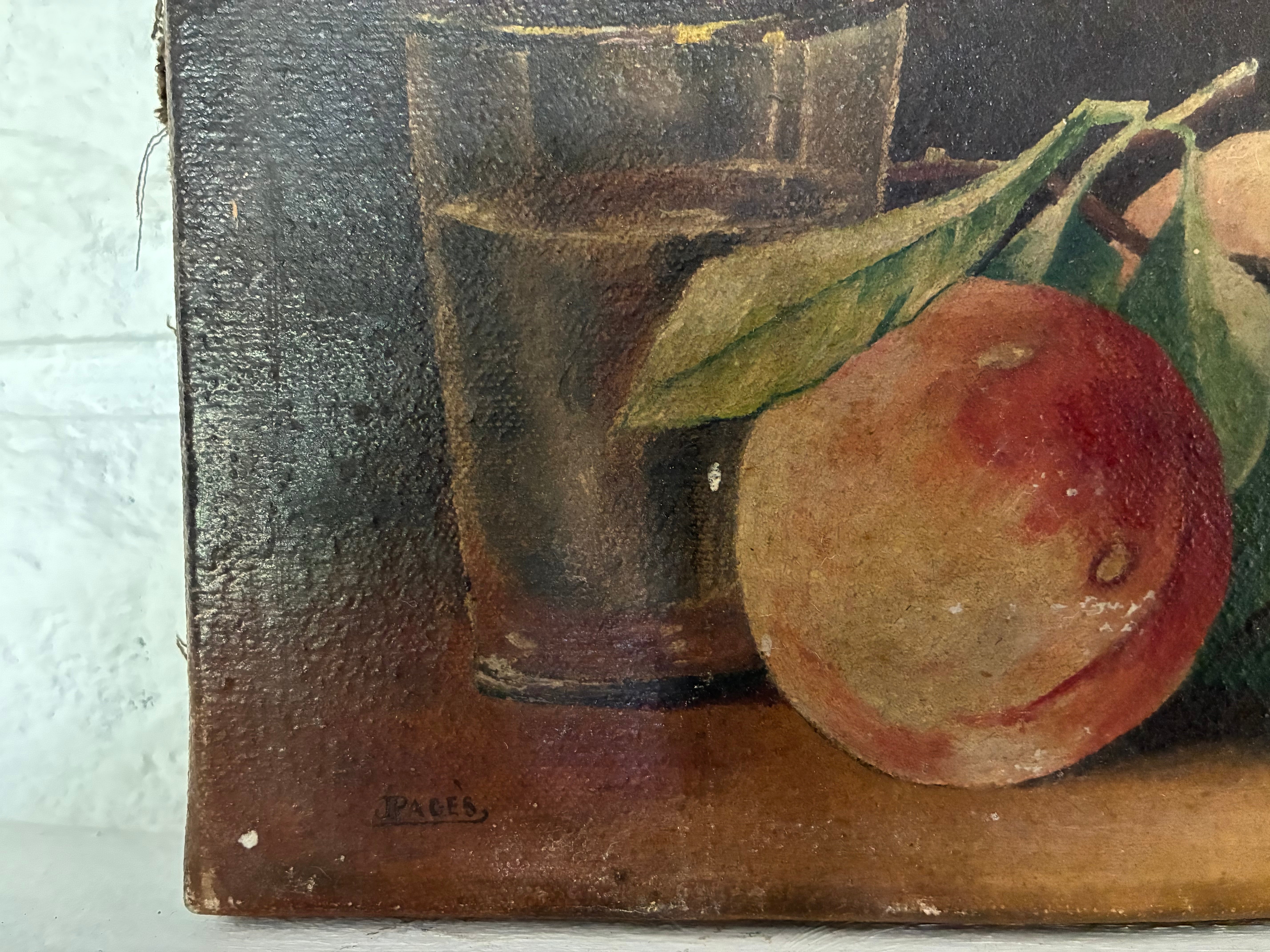 Antique French Still Life with Peaches, signed J. Pagès, late 19th / early 20th c.