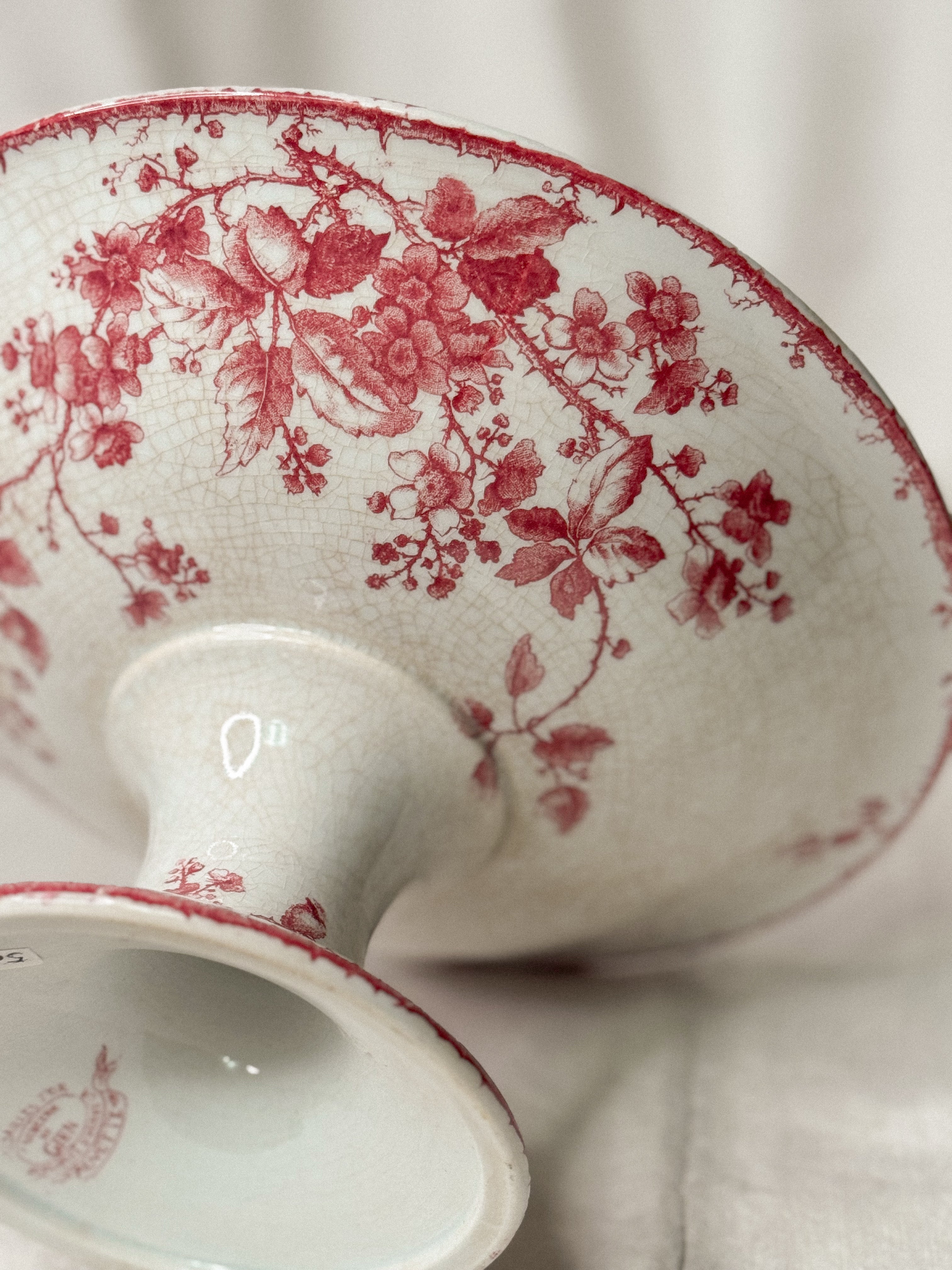 Antique French Red Transfer Bird & Floral Compotier