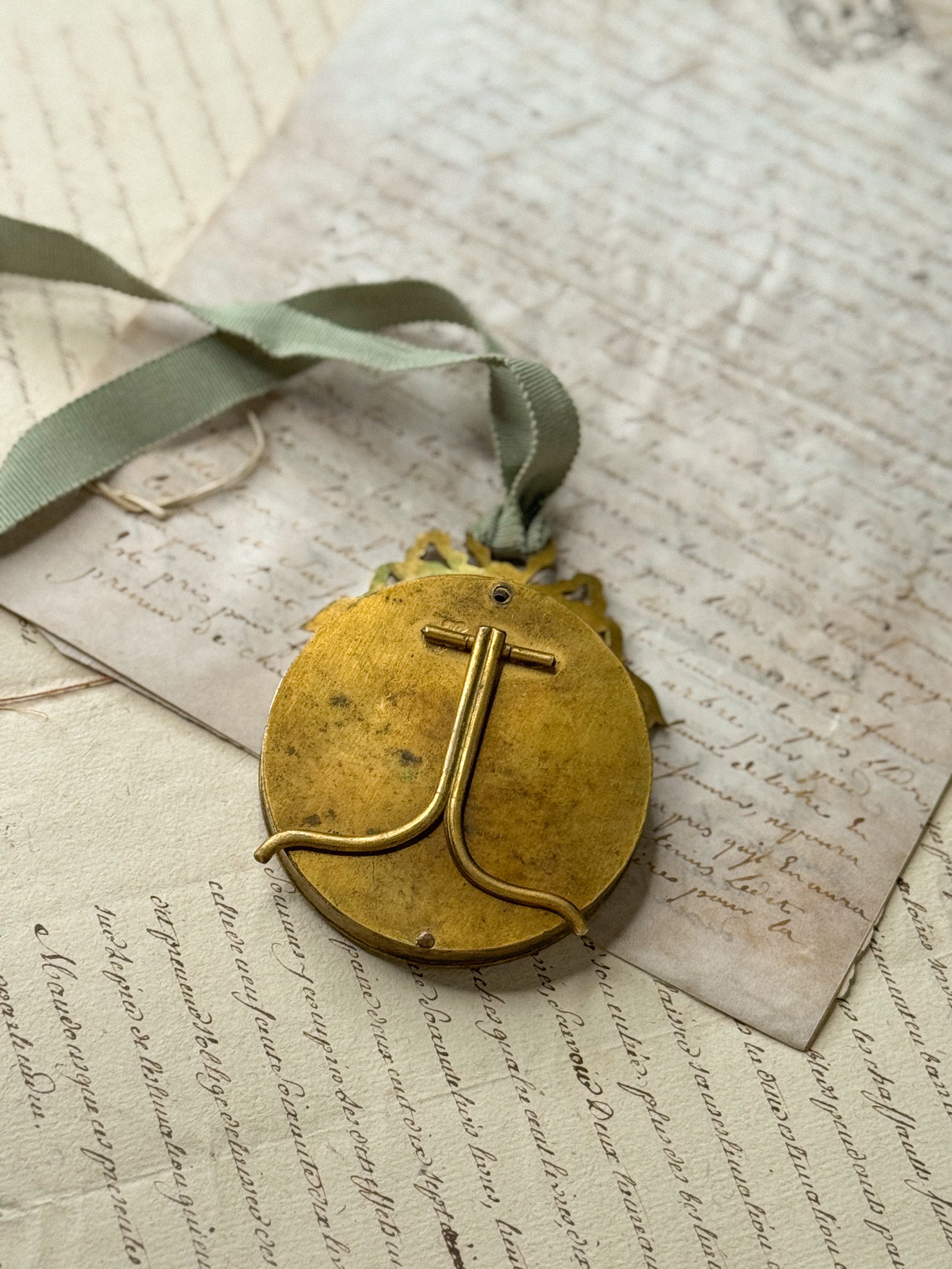 Antique French Frame Ornament with Bee Textile